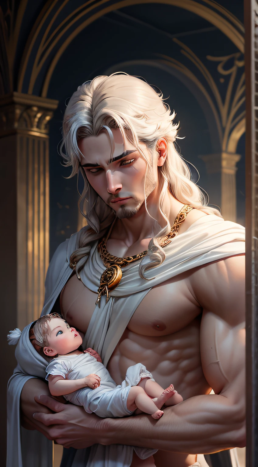 "Illustrate the scene of Reia hiding baby Zeus from Cronos on Mount Olympus."