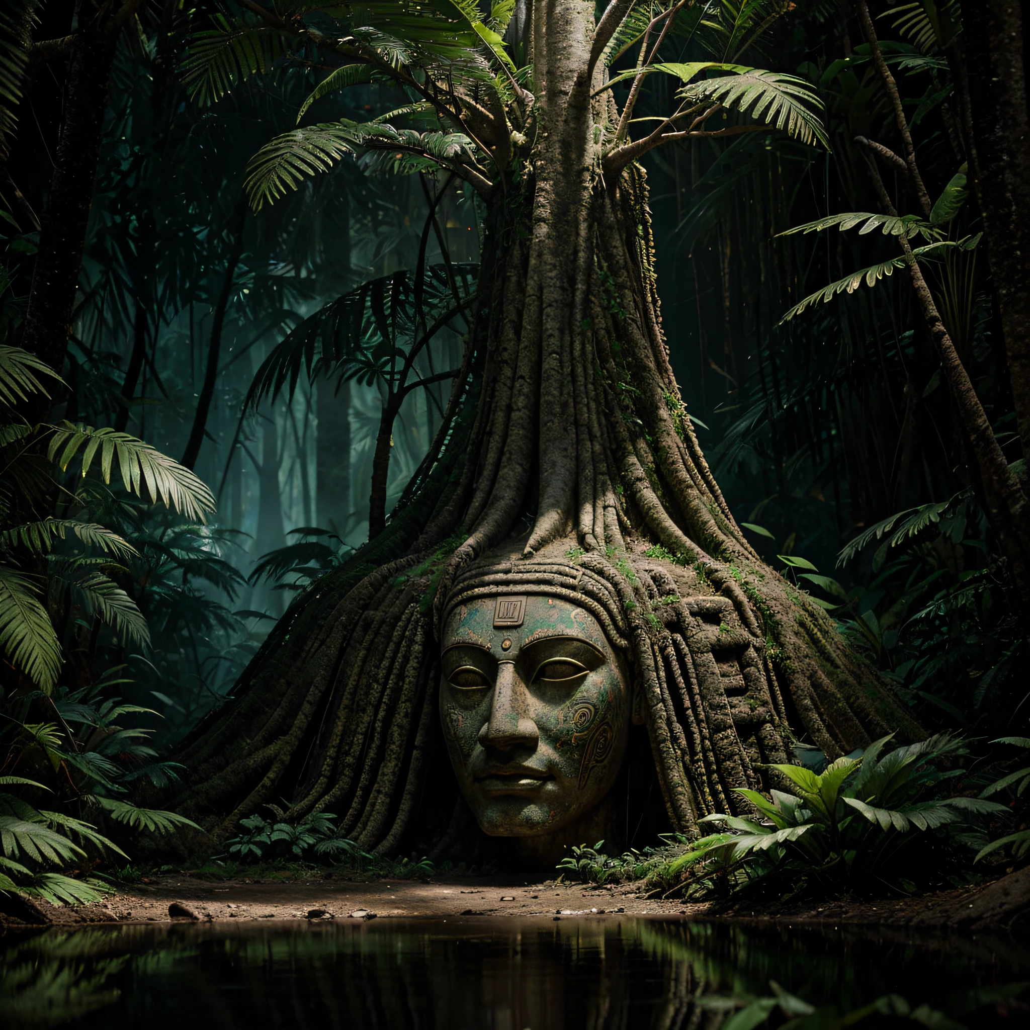 Ancient Mayan glyphs ancient totem sculptures, in the tropical rainforest, mysterious and eerie atmosphere hidden in a dense INTRIGATELY rainforest, film, studio lighting, intricately detailed foliage, ultra realistic, bokeh, sharp features, a unique and completely random meticulous and complex image, random topic , realistic and immersive relevant background, atmospheric effects, Ultra-HD, Super resolution, hyperphotorealistic, Reflections, cinematic lighting, Tone mapping, perfect aspect ratio, Texture, immersive camera angle