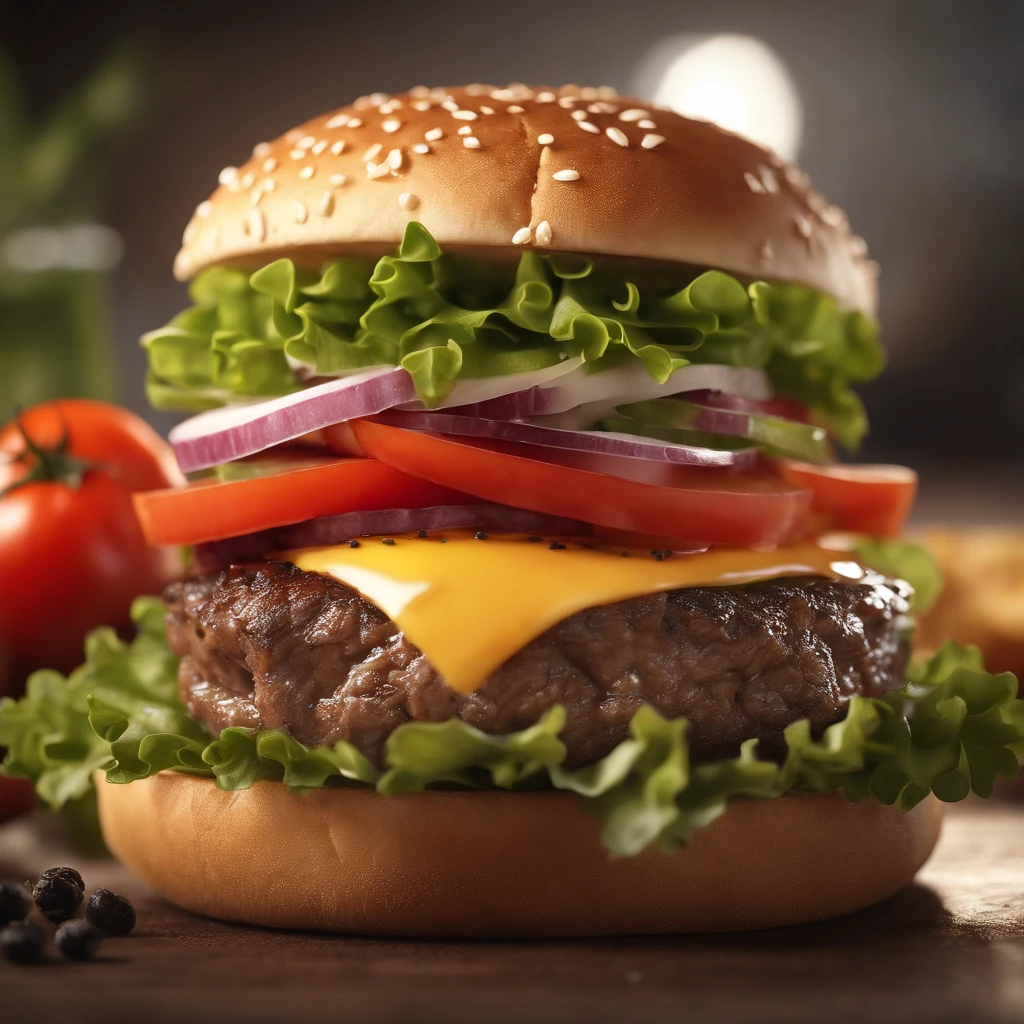 Three-tier hamburger,Fresh vegetables,Tomates,Black pepper flavored steak,Tasty and juicy,High detail, Ultra detail, complexdetails, finedetail, Ultra detail, Super detail, Cinematic, Surrealistic soft light, Studio lighting, diffused soft lighting, Shallow depth of field, Sharp focus bokeh, Ray tracing, Subsurface scattering, Diffuse reflections illuminate hyperdetails, (Complexity, detail, Ultra detail, Super detail), Cinematic, Hyperrealistic,Distance view - V6