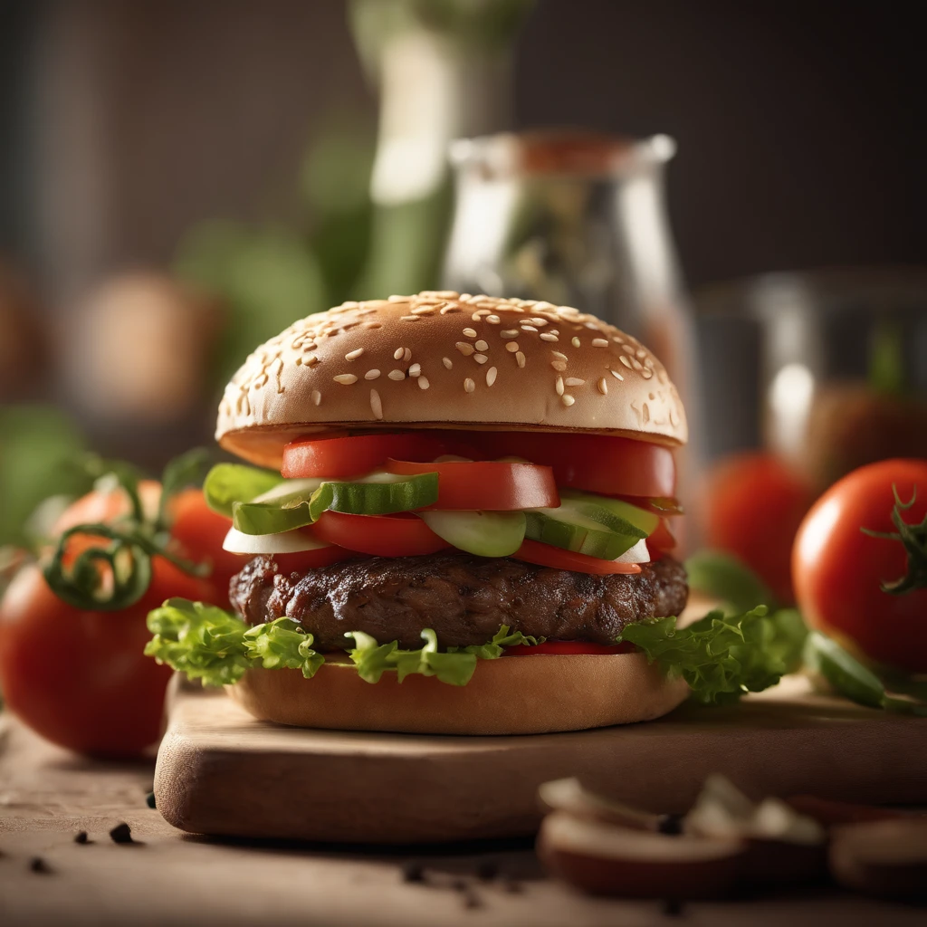 Three-tier hamburger,Fresh vegetables,Tomates,Black pepper flavored steak,Tasty and juicy,High detail, Ultra detail, complexdetails, finedetail, Ultra detail, Super detail, Cinematic, Surrealistic soft light, Studio lighting, diffused soft lighting, Shallow depth of field, Sharp focus bokeh, Ray tracing, Subsurface scattering, Diffuse reflections illuminate hyperdetails, (Complexity, detail, Ultra detail, Super detail), Cinematic, Hyperrealistic,Distance view - V6