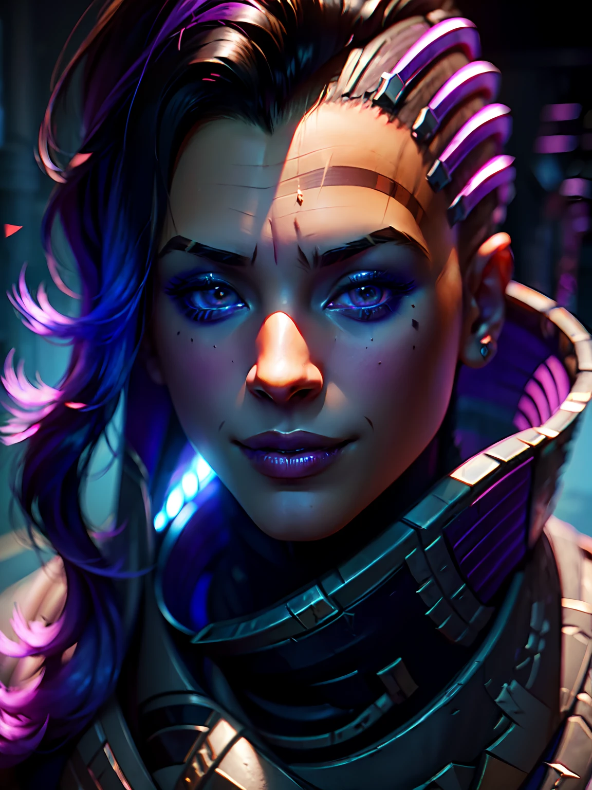 1 girl, (Sombra from overwatch:1.3), purple hair, smirk, 1 mole next to right eye, (8k, RAW photo, best quality, masterpiece:1.2), (realistic, photo-realistic:1.37) ultra-detailed, vivid colors, studio lighting