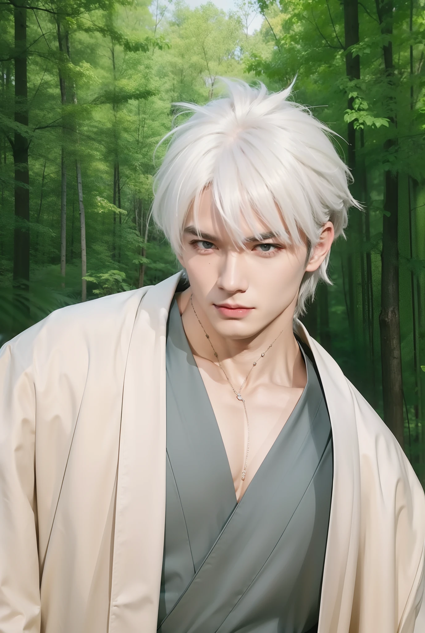 life adaption of this character, handsom man, realistic spiky white hair , realistic outfit wearing kimono ,muscular body,realistic light, realistic shadow, hyper realistic, realism,(photorealistic:1.2),