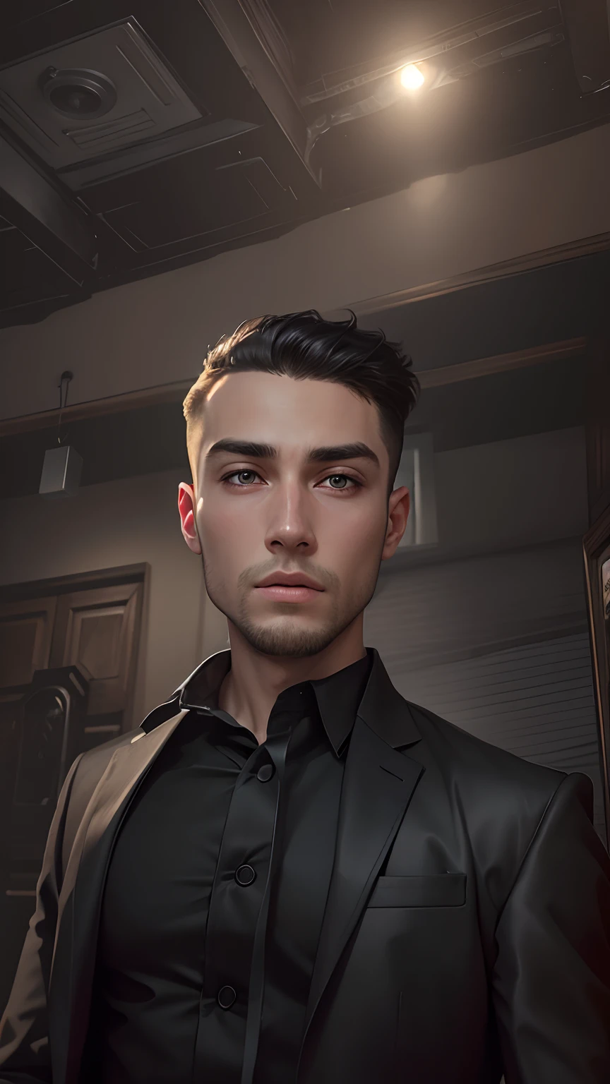 Boy realistic face , short haircut and fit black suit for background realistic