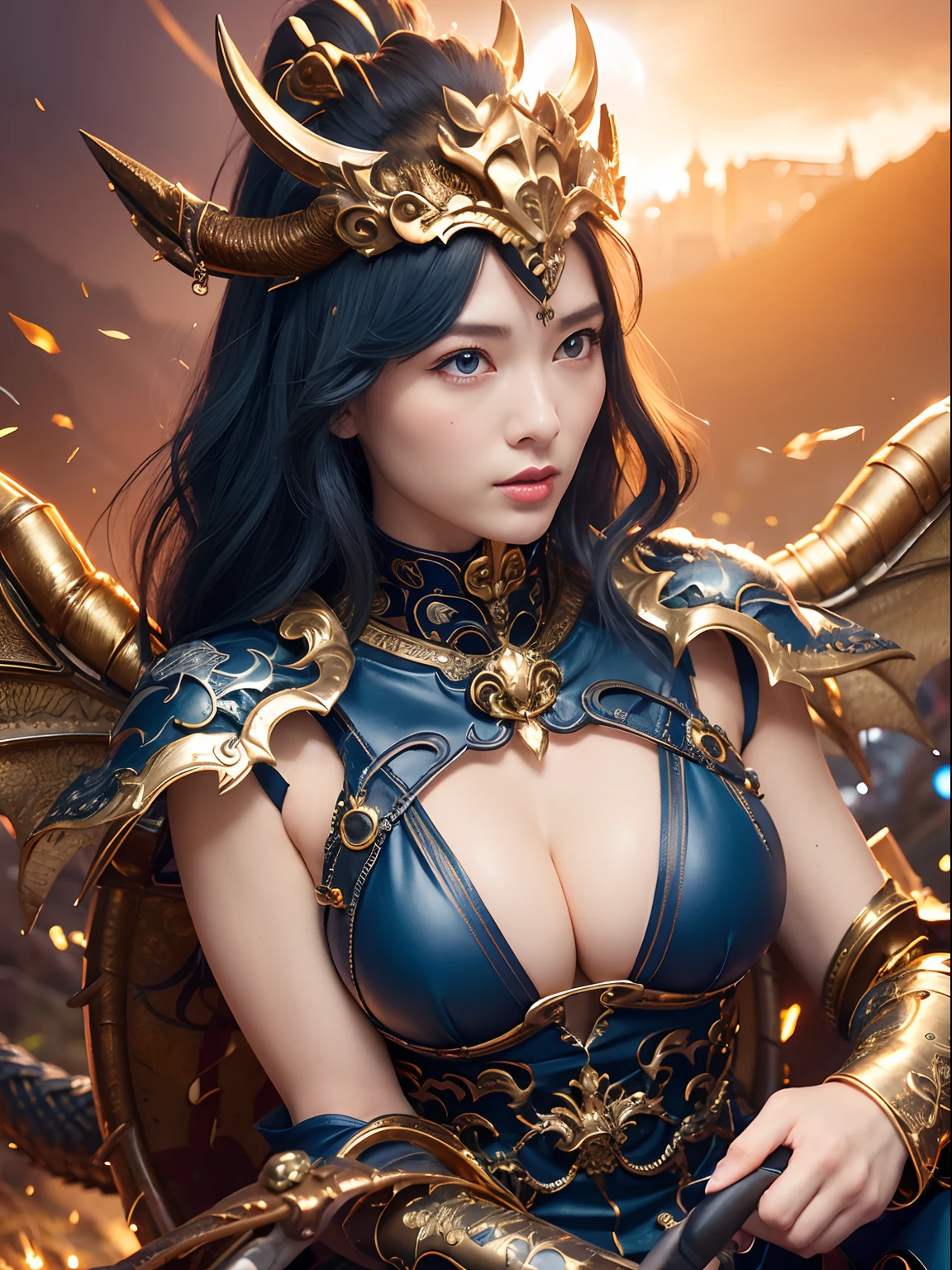 (Hold your weapon),Professional , masterpiece、top-quality、photos realistic 、(Dragon Black Metal Body:1.9),(Matte Blue Silver、(Night World)、(cleavage of the breast)、Dragon Gold Weapon、(Micro Bikini Armor:1.4),Mystical expression、Gorgeous gold weapons ,(Fight dragons)、Seductive look、(( Dragon's dense and gorgeous sword)) , (demonic wings) ,Detail and gorgeous crown、((a blond))、(Castle background)、((Gangle's forest background))、Beautiful Caucasian beauty、1a person、dynamic ungle,(((Detailed and ornate dragon helmet)))、Smaller head、A smile、Castle background、Thin and beautiful female hands、cleavage of the breast、Soldier in iron armor on background、Mystical expression、Light Effects、intense fighting、Wind-effect、magic circles、With the legendary magic wand、Dragon's tail、fight、