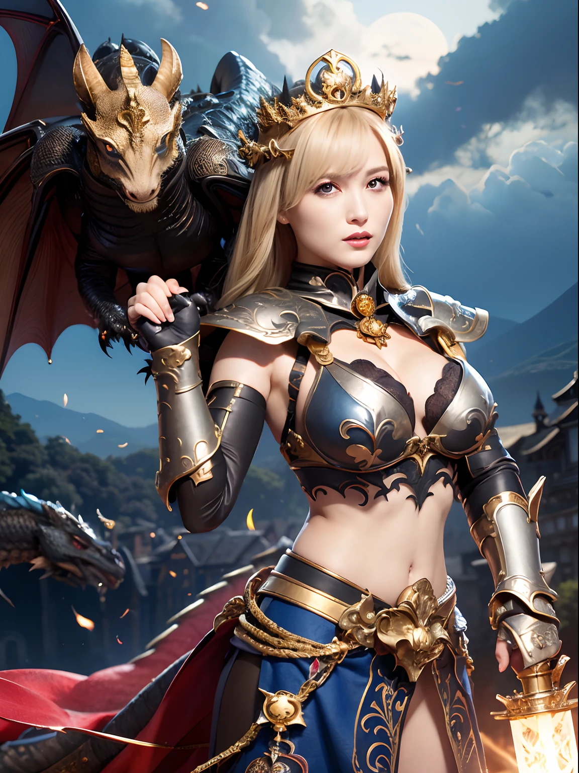(Hold your weapon),Professional , masterpiece、top-quality、photos realistic 、(Dragon Black Metal Body:1.9),(Matte Blue Silver、(Night World)、(cleavage of the breast)、Dragon Gold Weapon、(Micro Bikini Armor:1.4),Mystical expression、Gorgeous gold weapons ,(Fight dragons)、Seductive look、(( Dragon's dense and gorgeous sword)) , (demonic wings) ,Detail and gorgeous crown、((a blond))、(Castle background)、((Gangle's forest background))、Beautiful Caucasian beauty、1a person、dynamic ungle,(((Detailed and ornate dragon helmet)))、Smaller head、A smile、Castle background、Thin and beautiful female hands、cleavage of the breast、Soldier in iron armor on background、Mystical expression、Light Effects、intense fighting、Wind-effect、magic circles、With the legendary magic wand、Dragon's tail、fight、