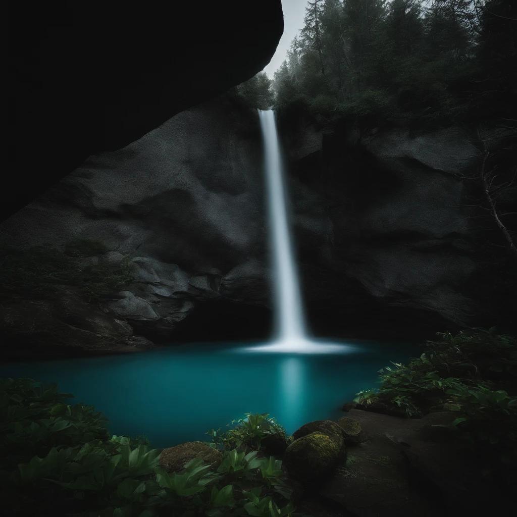 Magnificent view，Forest mountain landscape photography，Nature，It just rained，Bushes in the moonlight，Turquoise blue water，Boulders of various shapes，Alpine cliffs，1 white Phalaenopsis orchid，Minimalist cyan black and white gray tones，foggy sky，Nightmare vision， Dark fantasy plot，Perfect and excellent composition，8K分辨率，the detail，Rain trails，dampness，water stain，very wide angle shot，Jack Guzman's environmental art photography，realisticlying，cinematic compositions，Volumetriclighting，vividness, A detailed, stunning skies, Colorful clouds float，true to life, Pubic area is clear, flawless perfection, Digital SLR, 16k, 1024, 2048, 4096, A detailed, Sharp, best qualtiy, high qulity, absurderes，unmanned background，The is very detailed、Detailed lighting shadows，Trends on ArtStation、iintricate、high detal、dramatics、Midjourney Art（Volumetriclighting：1.2）hdr shot。（Faraway view，Super deep view，ultra-wide-angle，Microfocal length lens：1.2）（realisticlying：1.4）tmasterpiece、high high quality、Beautiful photography、globalillumination、