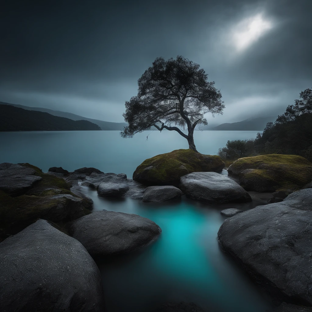 Magnificent view，Forest mountain landscape photography，Nature，It just rained，Bushes in the moonlight，Turquoise blue water，Boulders of various shapes，Alpine cliffs，1 white Phalaenopsis orchid，Minimalist cyan black and white gray tones，foggy sky，Nightmare vision， Dark fantasy plot，Perfect and excellent composition，8K分辨率，the detail，Rain trails，dampness，water stain，very wide angle shot，Jack Guzman's environmental art photography，realisticlying，cinematic compositions，Volumetriclighting，vividness, A detailed, stunning skies, Colorful clouds float，true to life, Pubic area is clear, flawless perfection, Digital SLR, 16k, 1024, 2048, 4096, A detailed, Sharp, best qualtiy, high qulity, absurderes，unmanned background，The is very detailed、Detailed lighting shadows，Trends on ArtStation、iintricate、high detal、dramatics、Midjourney Art（Volumetriclighting：1.2）hdr shot。（Faraway view，Super deep view，ultra-wide-angle，Microfocal length lens：1.2）（realisticlying：1.4）tmasterpiece、high high quality、Beautiful photography、globalillumination、