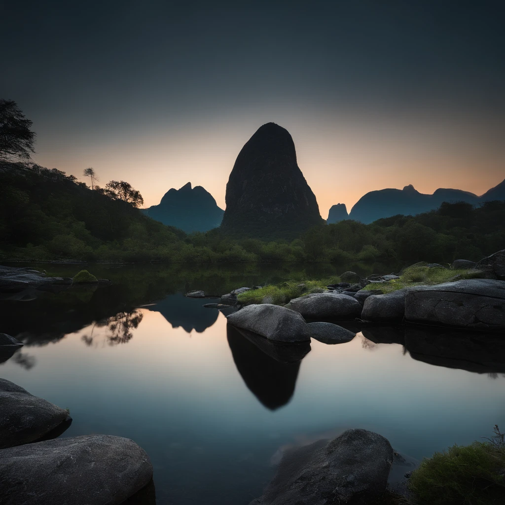 Magnificent view，Forest mountain landscape photography，Nature，It just rained，Bushes in the moonlight，Turquoise blue water，Boulders of various shapes，Alpine cliffs，1 white Phalaenopsis orchid，Minimalist cyan black and white gray tones，foggy sky，Nightmare vision， Dark fantasy plot，Perfect and excellent composition，8K分辨率，the detail，Rain trails，dampness，water stain，very wide angle shot，Jack Guzman's environmental art photography，realisticlying，cinematic compositions，Volumetriclighting，vividness, A detailed, stunning skies, Colorful clouds float，true to life, Pubic area is clear, flawless perfection, Digital SLR, 16k, 1024, 2048, 4096, A detailed, Sharp, best qualtiy, high qulity, absurderes，unmanned background，The is very detailed、Detailed lighting shadows，Trends on ArtStation、iintricate、high detal、dramatics、Midjourney Art（Volumetriclighting：1.2）hdr shot。（Faraway view，Super deep view，ultra-wide-angle，Microfocal length lens：1.2）（realisticlying：1.4）tmasterpiece、high high quality、Beautiful photography、globalillumination、