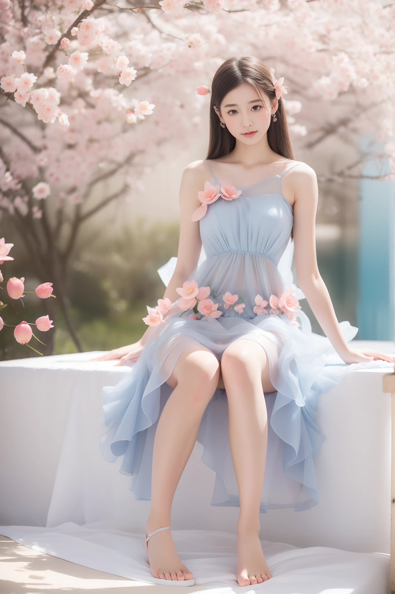 Peach Blossom Island，Fairy fluttering skirt beauty，Blue-gray tulle dress，a pair of long, Moist, Well-proportioned legs are exposed，Beautiful lotus feet