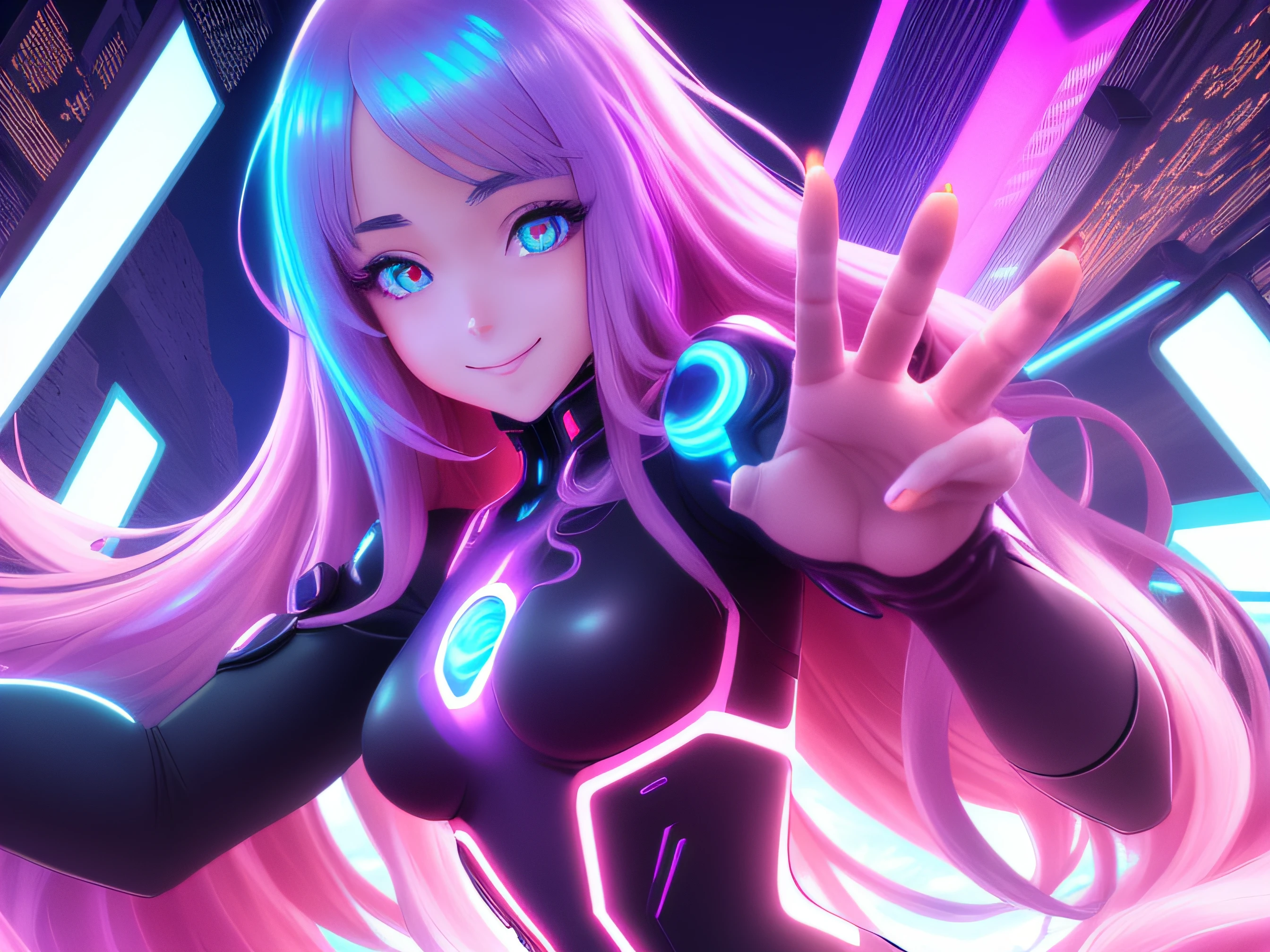 Generate an image of a beautiful anime character with long hair and captivating eyes. She is wearing stylish clothing and has a sweet smile on her face. The background is a scene of breathtaking natural beauty.A futuristic cityscape with holographic displays and neon lights illuminating the character