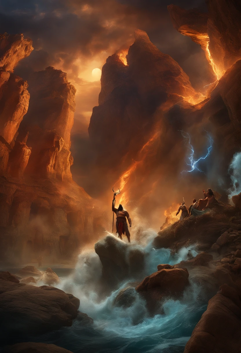 "Show Zeus, Hades, and Poseidon forging their alliance on the mystical island of Creta."