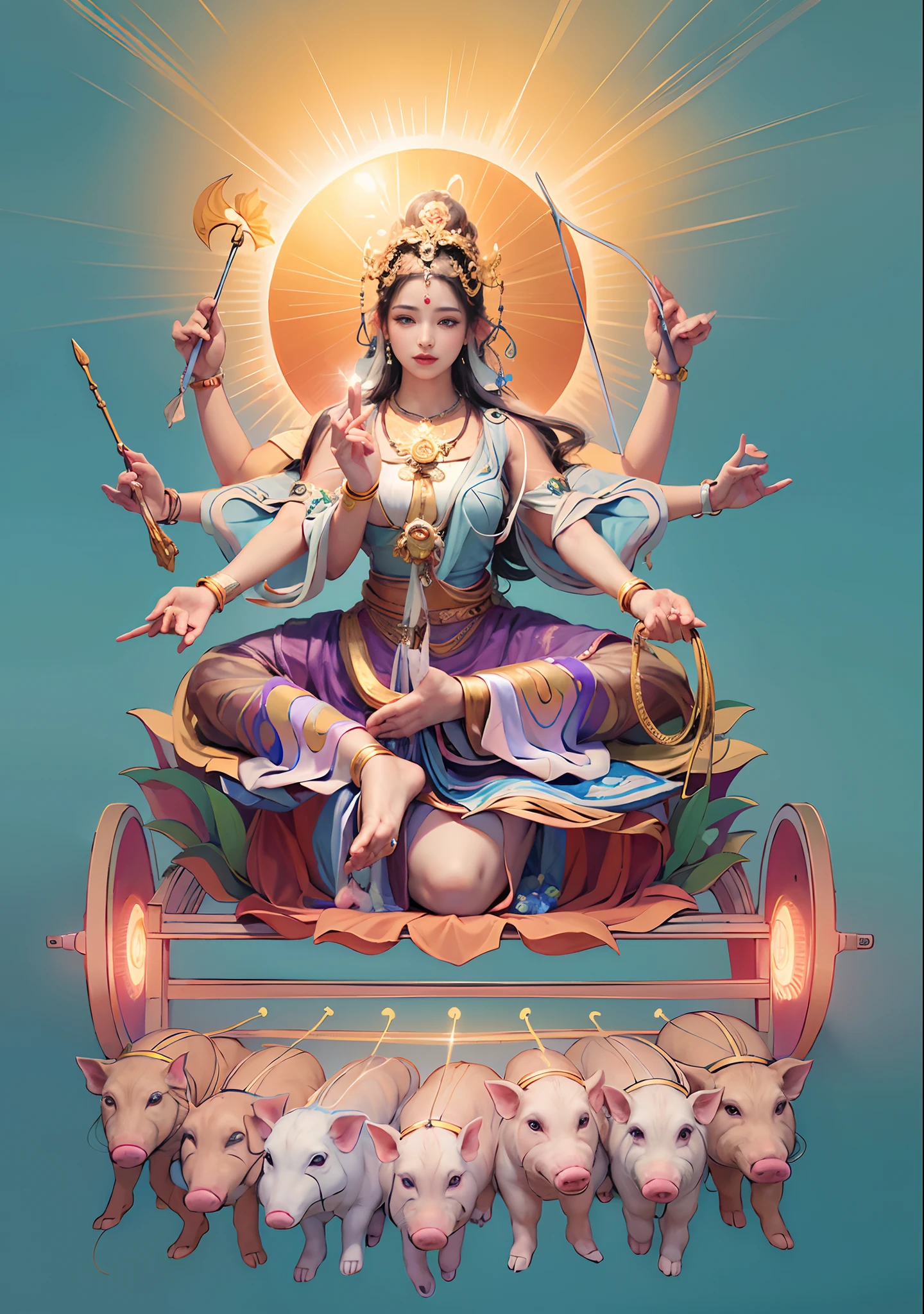 Beautiful woman sitting in a golden car, The lotus under the seat is pink，The woman wears a light blue dress，(((Head background with round light)))，(((Behind it is the sun)))，(((Woman glows blue light)))，Women have three heads，In total, The arm has eight mudras，Barefoot on both feet，There are seven piglets pulling carts in front，goddess of love and peace, indian goddess of wealth, Heavenly Bodhisattva, goddess art, goddess of wisdom, an ancient Chinese goddess，photorealestic，professional photoshooting，Realiy，超高分辨率，tmasterpiece，