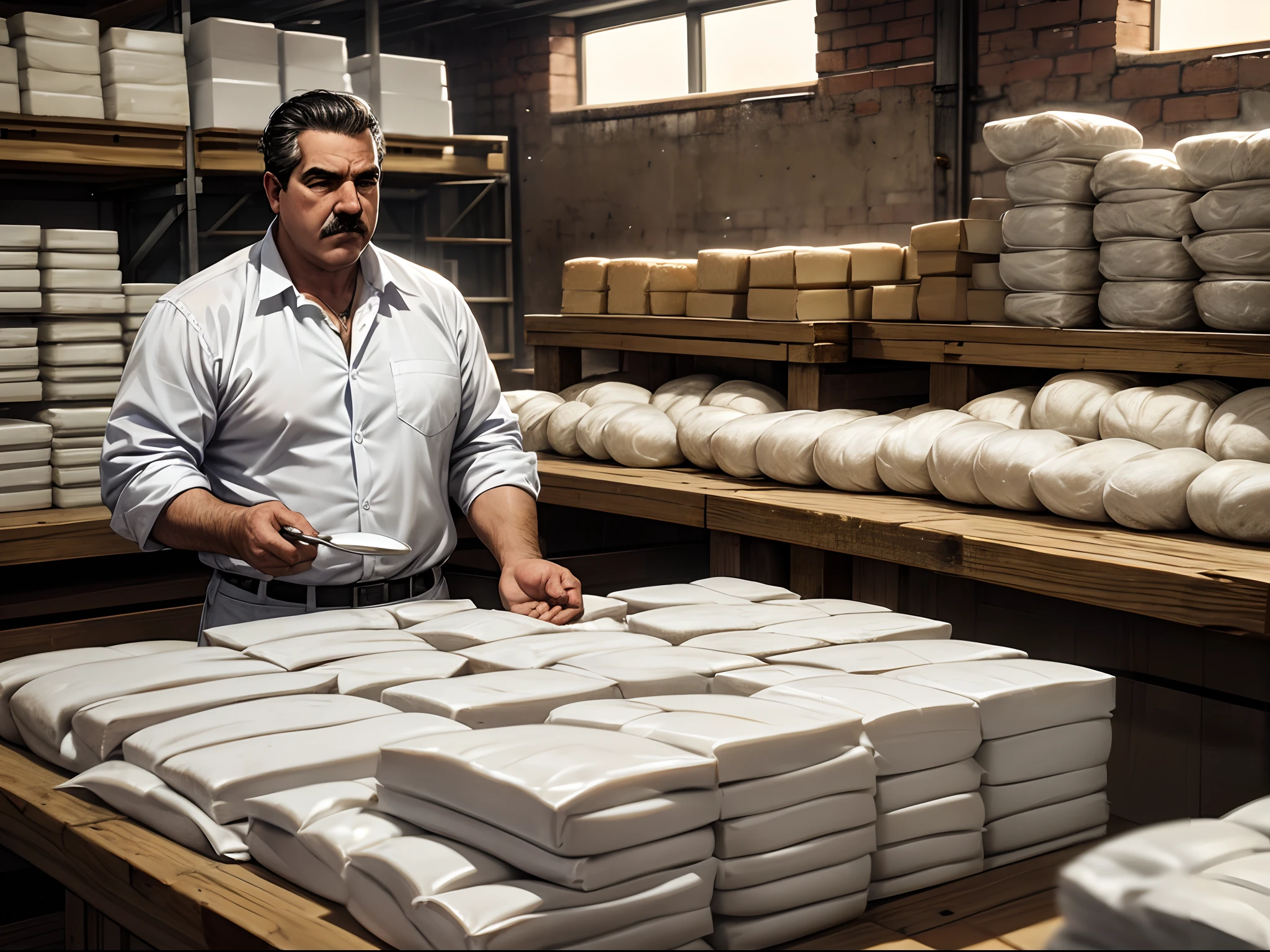 A bakery warehouse, lots of white powder, drug lord Pablo Escobar with a serious face, measuring spoons, drug cartel hideout, white powder on a scale, bread dough, white powder packed in plastic bags, gang members, A wooden table where the gang works