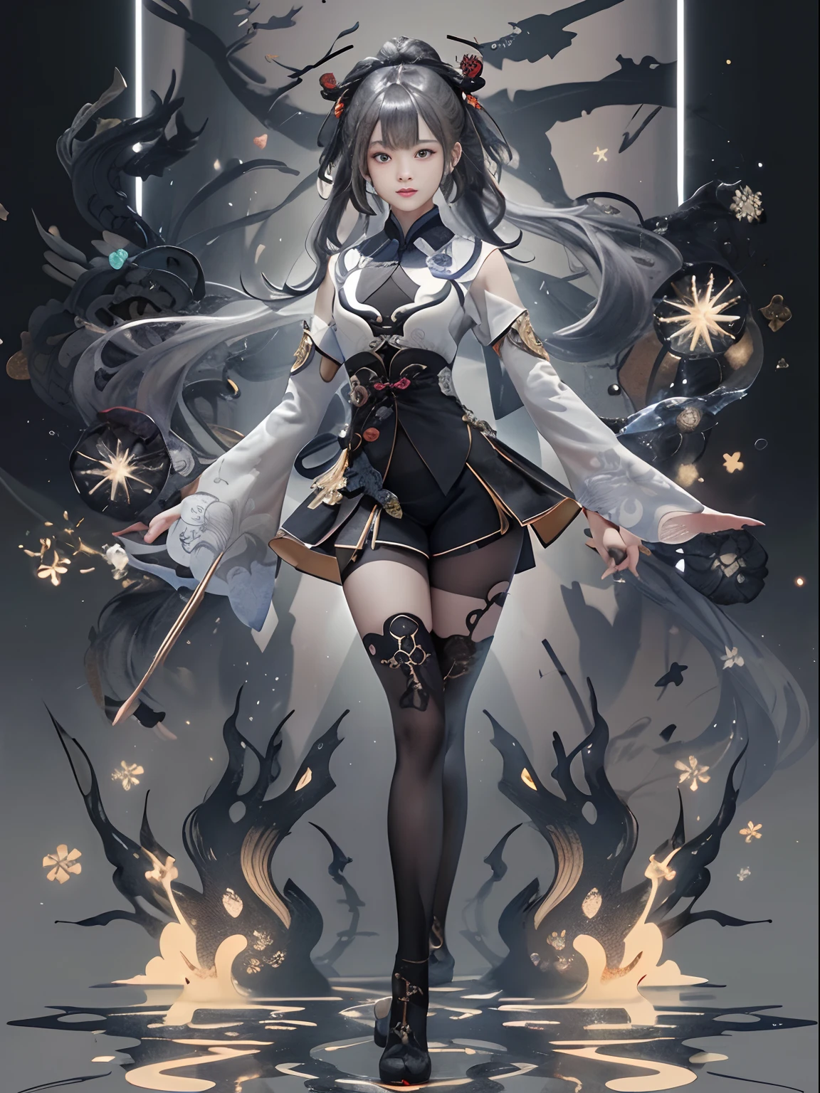 {{{{Masterpiece}}}}, {{{ultra - detailed}}}, {{{A high resolution}}}, {{Good anatomy}}, (((Best quality))), ((Extremely Delicately Beautiful)), {{Extremely meticulous and delicate}}, {8k CG wallpaper}, {{illustratio}}, (Color background grayscale:1.1), Ray traching, Background bokeh, with black background, (Splash ink:1.3), 1girll , Solo, hu tao(Genshin Impact), boo tao, pupils in symbol shapes, Hiten1,blackstockings