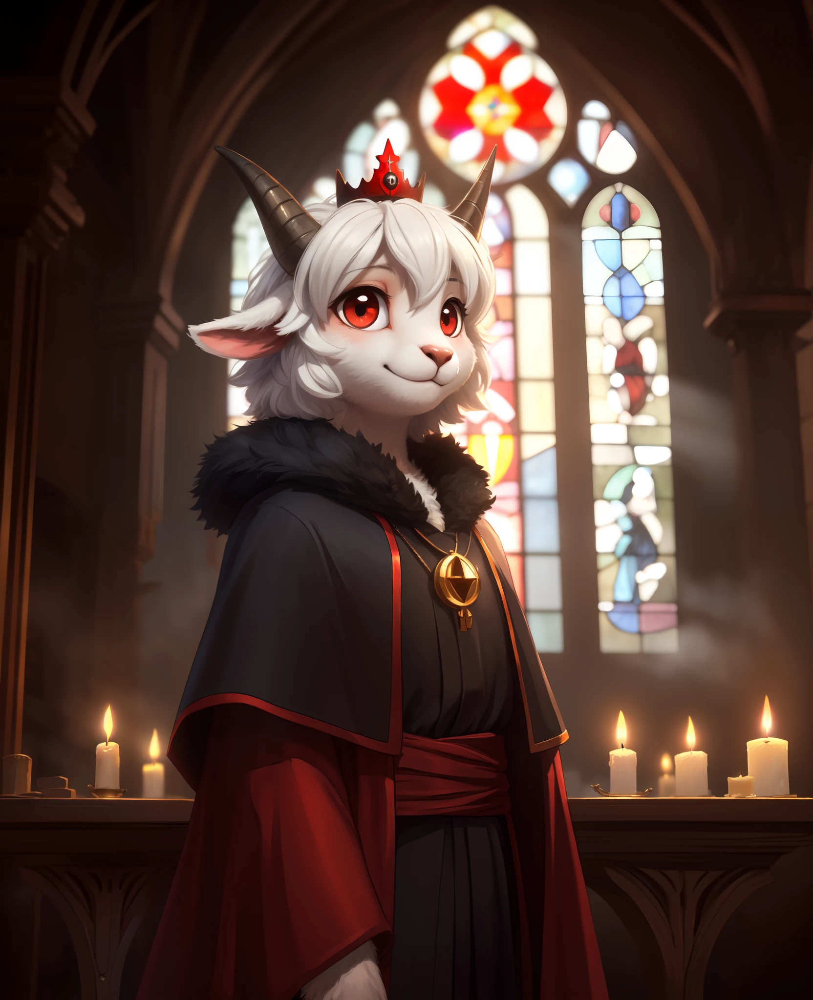 uploaded on e621, ((by Yurusa, by Childe Hassam, by Kenket, by Kyoto Animation)),
solo (chibi:1.15) ((sheep (lamb \(cult of the lamb\)), black body and white fur, white hair, horn, clear red sclera)),
(wear red crown, red cloak, grey black gown:1.25), (flat chested, smile), ((detailed fluffy fur)),
(half-length portrait, looking at viewer, three-quarter view:1.3),
BREAK,
(standing at church with stained glass:1.25), (outside, fog, mist, candle:1.2),
(detailed background, depth of field, half body shadow, sunlight, ambient light on the body),
(intricate:0.7), (high detail:1.2), (unreal engine:1.3), (soft focus:1.1),
[explicit content, questionable content], (masterpiece, best quality, 4k, 2k, shaded, absurd res)