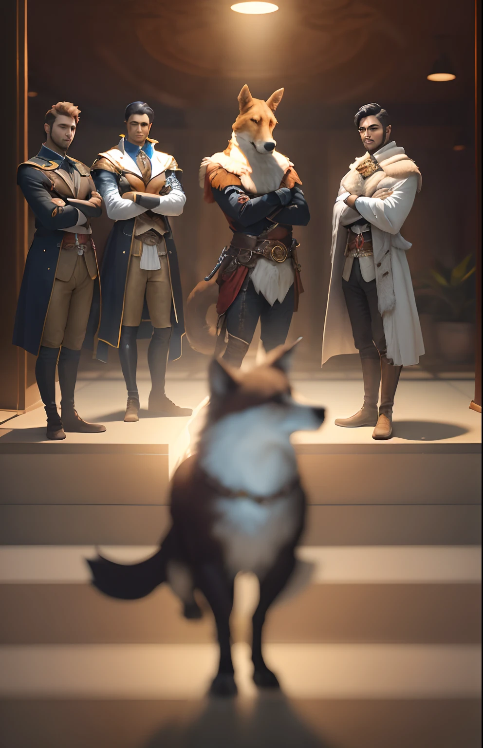 A team, a group of professional designers, fantasy image, use the combination of a noble animal and human to design each member, they are standing in front of the camera in the office, for a group photo, a group of ladies and gentlemen, character 3D, --auto --s2