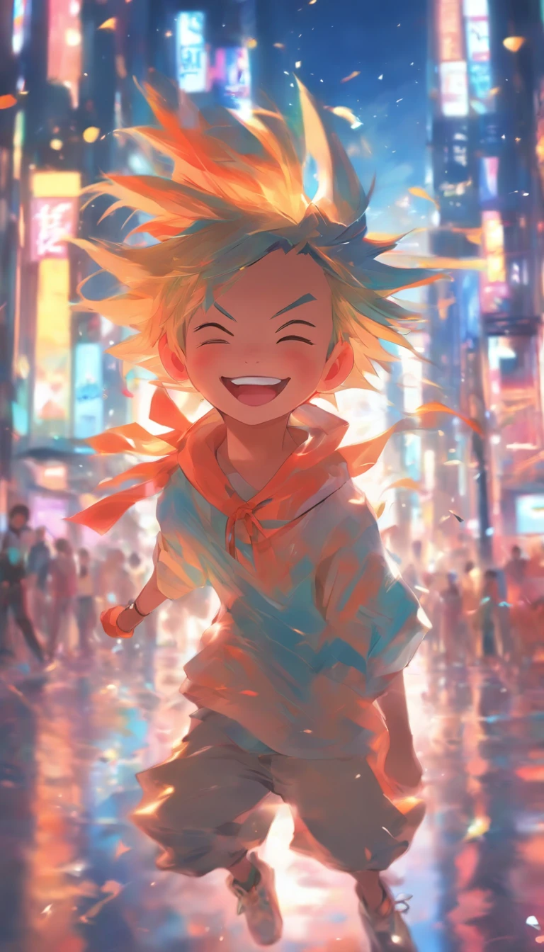 there is a cartoon picture of a boy laughing in the street, expressing joy. by krenz cushart, ross tran style, artwork in the style of guweiz, ross tran!!!, adorable digital painting, guweiz, inspired by Ross Tran, by Yanjun Cheng, [[[[grinning evily]]]]