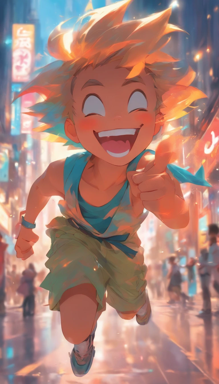 there is a cartoon picture of a boy laughing in the street, expressing joy. by krenz cushart, ross tran style, artwork in the style of guweiz, ross tran!!!, adorable digital painting, guweiz, inspired by Ross Tran, by Yanjun Cheng, [[[[grinning evily]]]]
