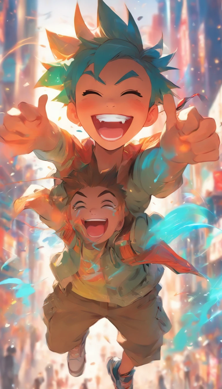 there is a cartoon picture of a boy laughing in the street, expressing joy. by krenz cushart, ross tran style, artwork in the style of guweiz, ross tran!!!, adorable digital painting, guweiz, inspired by Ross Tran, by Yanjun Cheng, [[[[grinning evily]]]]