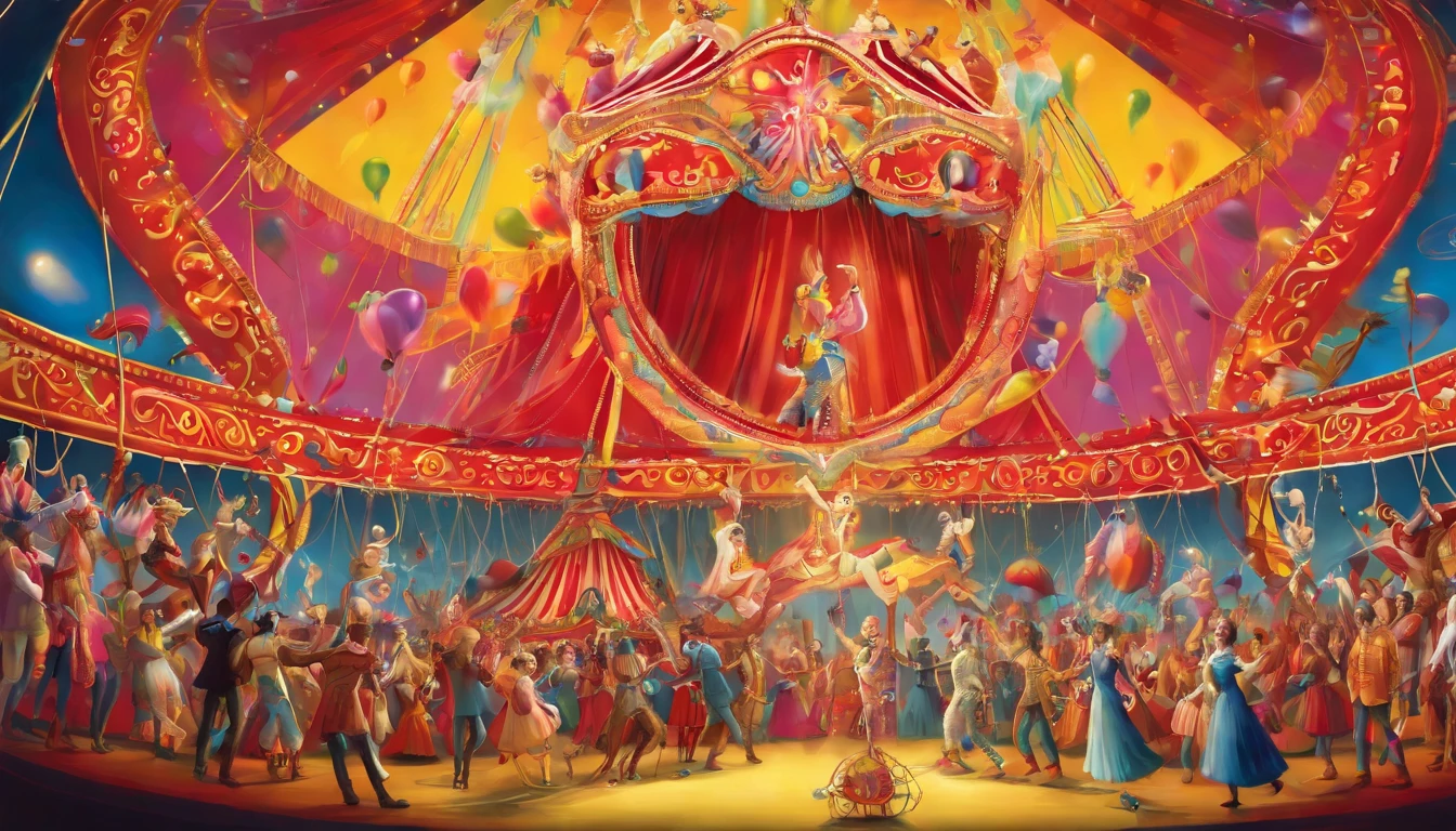 "((Best quality)), ((masterpiece)), ((dreamy)), ((colourful)), "Imagine a dreamy fantastical dreamscape where detailed hooping show performance in a circus, detailed caricature cute spacemen, big head short hands short legs short body, big round opaque helmet covered face, white space suit, wear big "red headphone", hands with red gloves, background is a 18th century circus, chaotic, fun, performance, circus canvas tent, spontaneous dance, hooping show performance, horses, cheers, audience, balloons, 360 degree wide angle perspective, subject spacemen hooping is in the centre of the frame