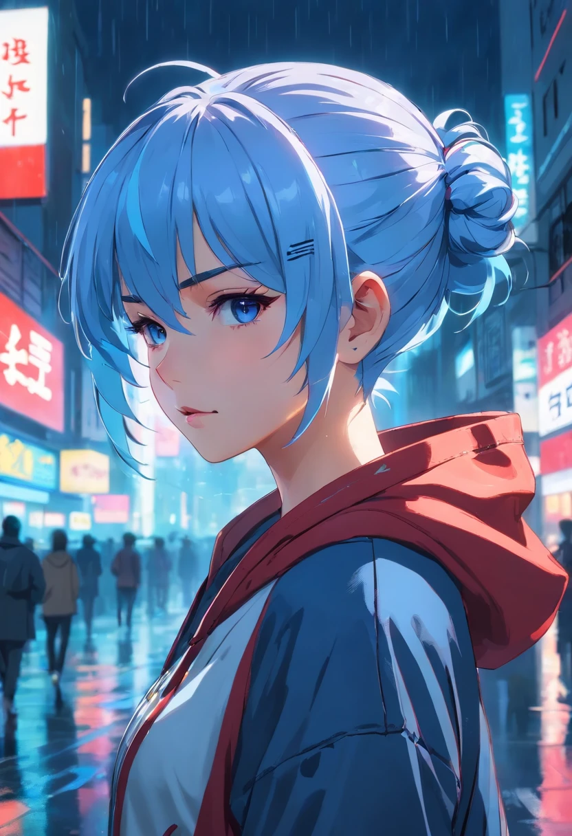 Close-up photos, Confident young cyberpunk woman with blue and white hair in a bun, Wearing a hoodie with red and blue design, On a rainy street at night, Photorealistic, Cinematic lighting