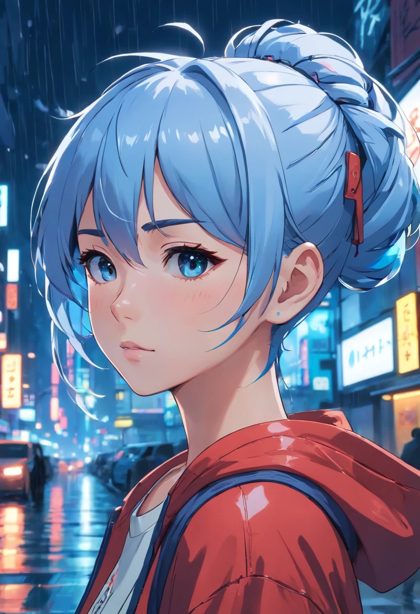 Close-up photos, Confident young cyberpunk woman with blue and white hair in a bun, Wearing a hoodie with red and blue design, On a rainy street at night, Photorealistic, Cinematic lighting
