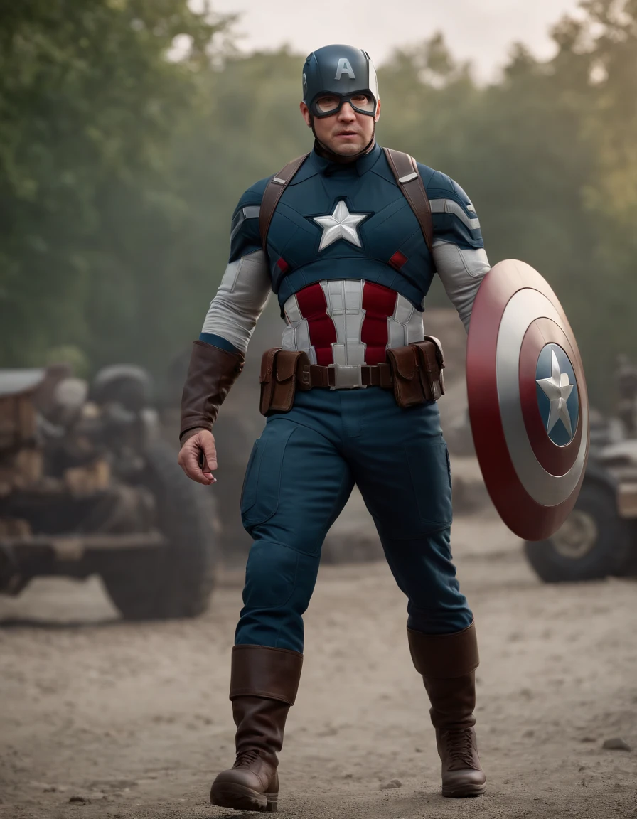 (Professional 3D rendering:1.3) de (Realistic:1.3) Foto of fat obesity captain america, full body
