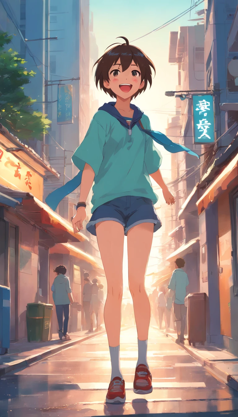 there is a cartoon picture of a boy laughing in the street, expressing joy. by krenz cushart, ross tran style, artwork in the style of guweiz, ross tran!!!, adorable digital painting, guweiz, inspired by Ross Tran, by Yanjun Cheng, [[[[grinning evily]]]]