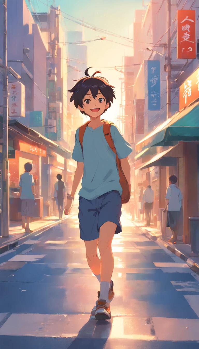 there is a cartoon picture of a boy laughing in the street, expressing joy. by krenz cushart, ross tran style, artwork in the style of guweiz, ross tran!!!, adorable digital painting, guweiz, inspired by Ross Tran, by Yanjun Cheng, [[[[grinning evily]]]]