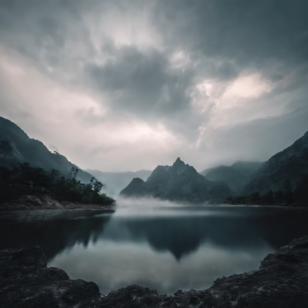 Magnificent view，Forest mountain landscape photography，Nature，It just rained，Bushes in the moonlight，Turquoise blue water，Boulders of various shapes，Alpine cliffs，1 white Phalaenopsis orchid，Minimalist cyan black and white gray tones，foggy sky，Nightmare vision， Dark fantasy plot，Perfect and excellent composition，8K分辨率，the detail，Rain trails，dampness，water stain，very wide angle shot，Jack Guzman's environmental art photography，realisticlying，cinematic compositions，Volumetriclighting，vividness, A detailed, stunning skies, Colorful clouds float，true to life, Pubic area is clear, flawless perfection, Digital SLR, 16k, 1024, 2048, 4096, A detailed, Sharp, best qualtiy, high qulity, absurderes，unmanned background，The is very detailed、Detailed lighting shadows，Trends on ArtStation、iintricate、high detal、dramatics、Midjourney Art（Volumetriclighting：1.2）hdr shot。（Faraway view，Super deep view，ultra-wide-angle，Microfocal length lens：1.2）（realisticlying：1.4）tmasterpiece、high high quality、Beautiful photography、globalillumination、