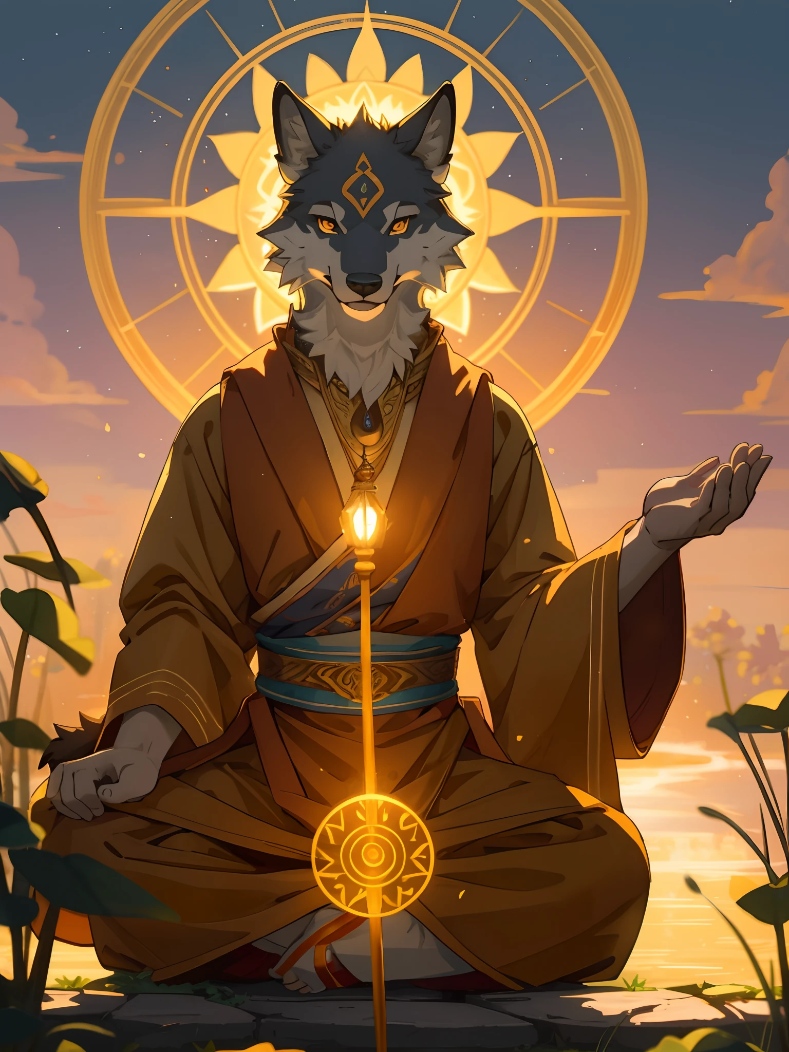 male wolf monk in the garden,dreamy background, lotus position, put one's palms together, The Sanskrit golden wheel behind it, Flying golden Sanskrit, kindness, divinity,divine light, holy light, boundless light, magnificent sunset background, octane render, gorgeous features, beautifully detailed eyes,intricate fur, detailed face, perfect skin texture, extreme details, full body view, cinematic lighting, professional lighting, centered, looking at camera, 8k, shot with Hasselblad X1D-50, maximum focus, depth of field, perfect lighting, light particles(best quality)(masterpiece)(ultra detailed)sharp focus,light particles,