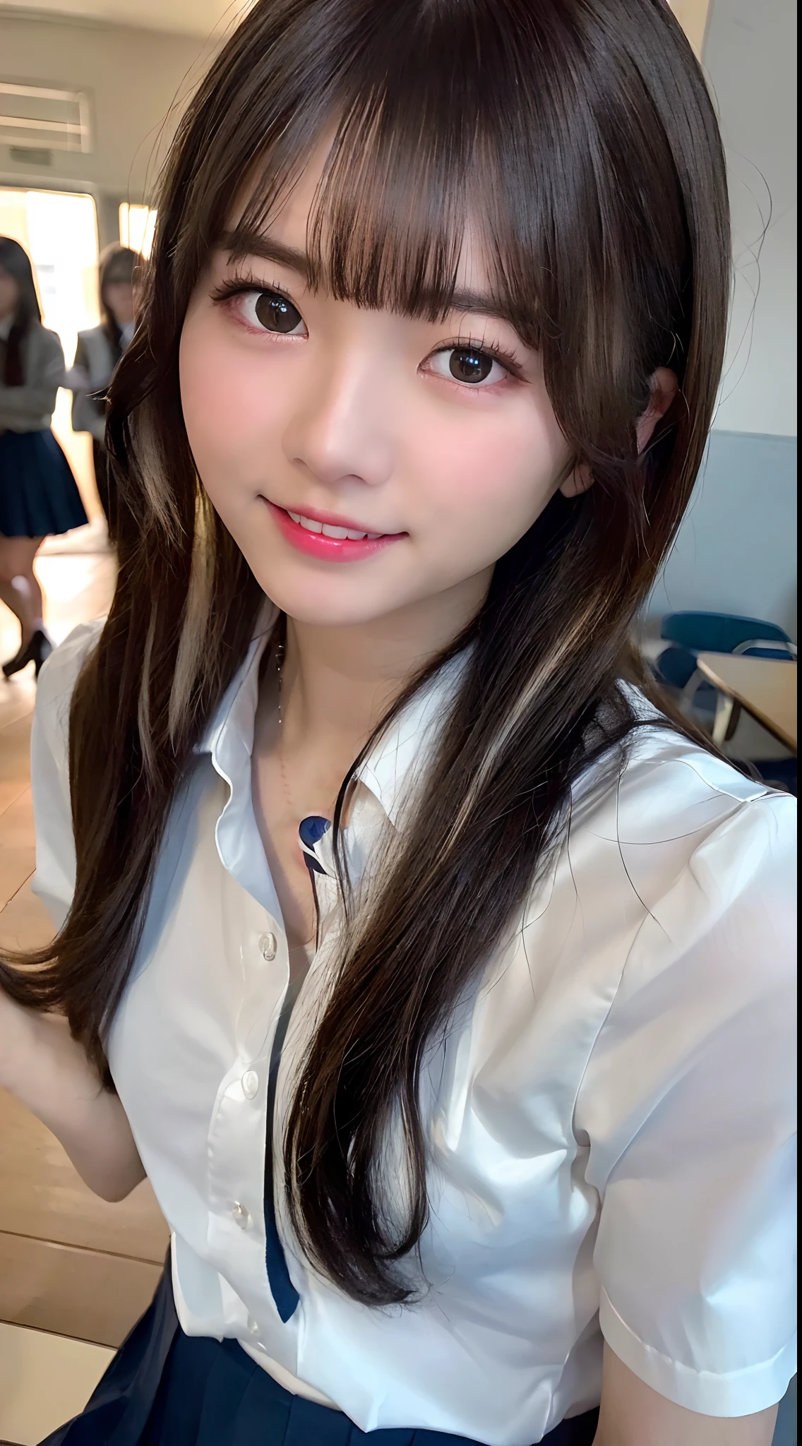 (masterpiece、top-quality、beautiful quality、Photorealsitic、Look at viewers、detailed lighting、highlydetailed skin、very detail hair、extremely detailed teeth、shadowy、8k:1.2)、(women's pictures、1girl in:1.2)、((high-school uniform:1.2))