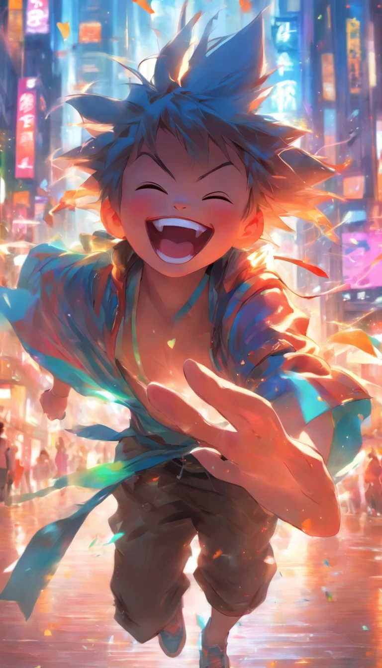 there is a cartoon picture of a boy laughing in the street, expressing joy. by krenz cushart, ross tran style, artwork in the style of guweiz, ross tran!!!, adorable digital painting, guweiz, inspired by Ross Tran, by Yanjun Cheng, [[[[grinning evily]]]]