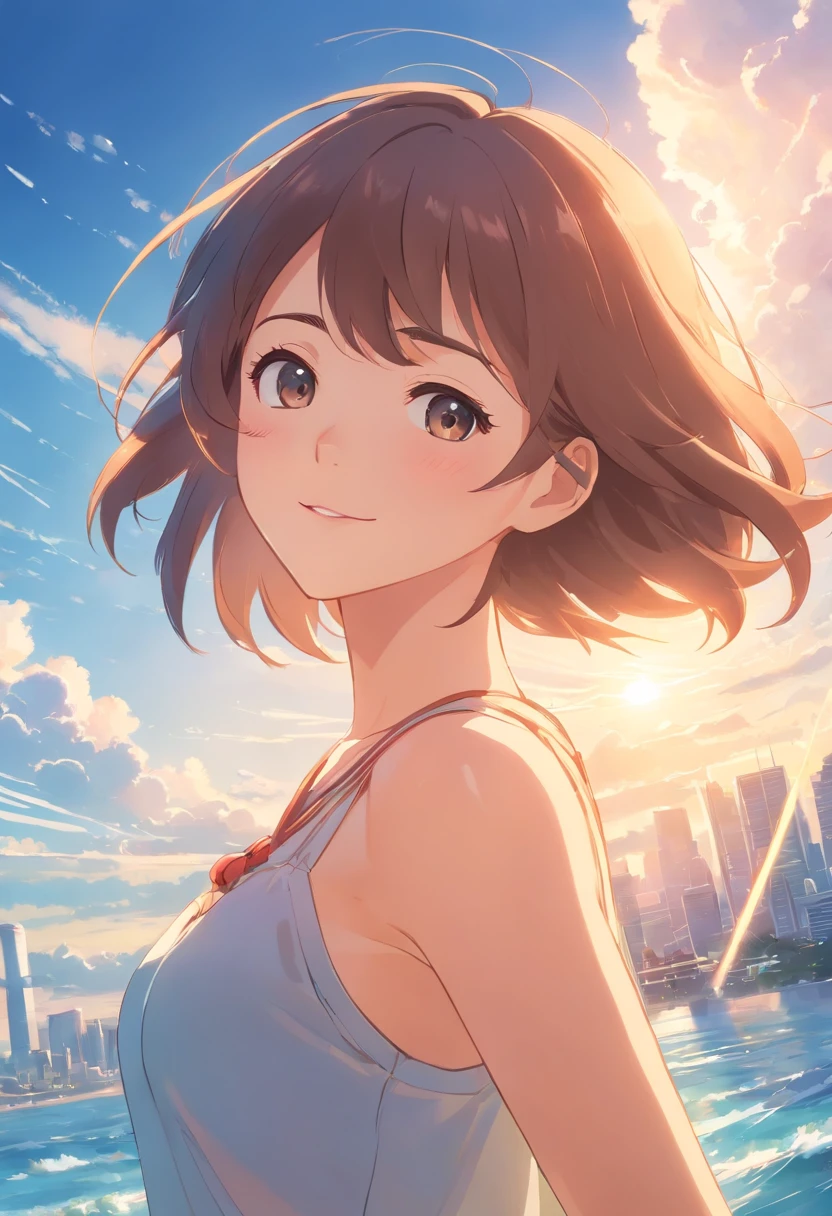 masterpiece、top-quality、Movie stills、1girl in、Seagirl、floating in sky、a closeup、发光、Happiness、Warm and soft lighting、the morning sun、(Spark:0.7)