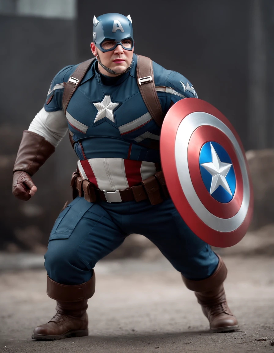 (Professional 3D rendering:1.3) de (Realistic:1.3) Foto of fat obesity captain america, full body