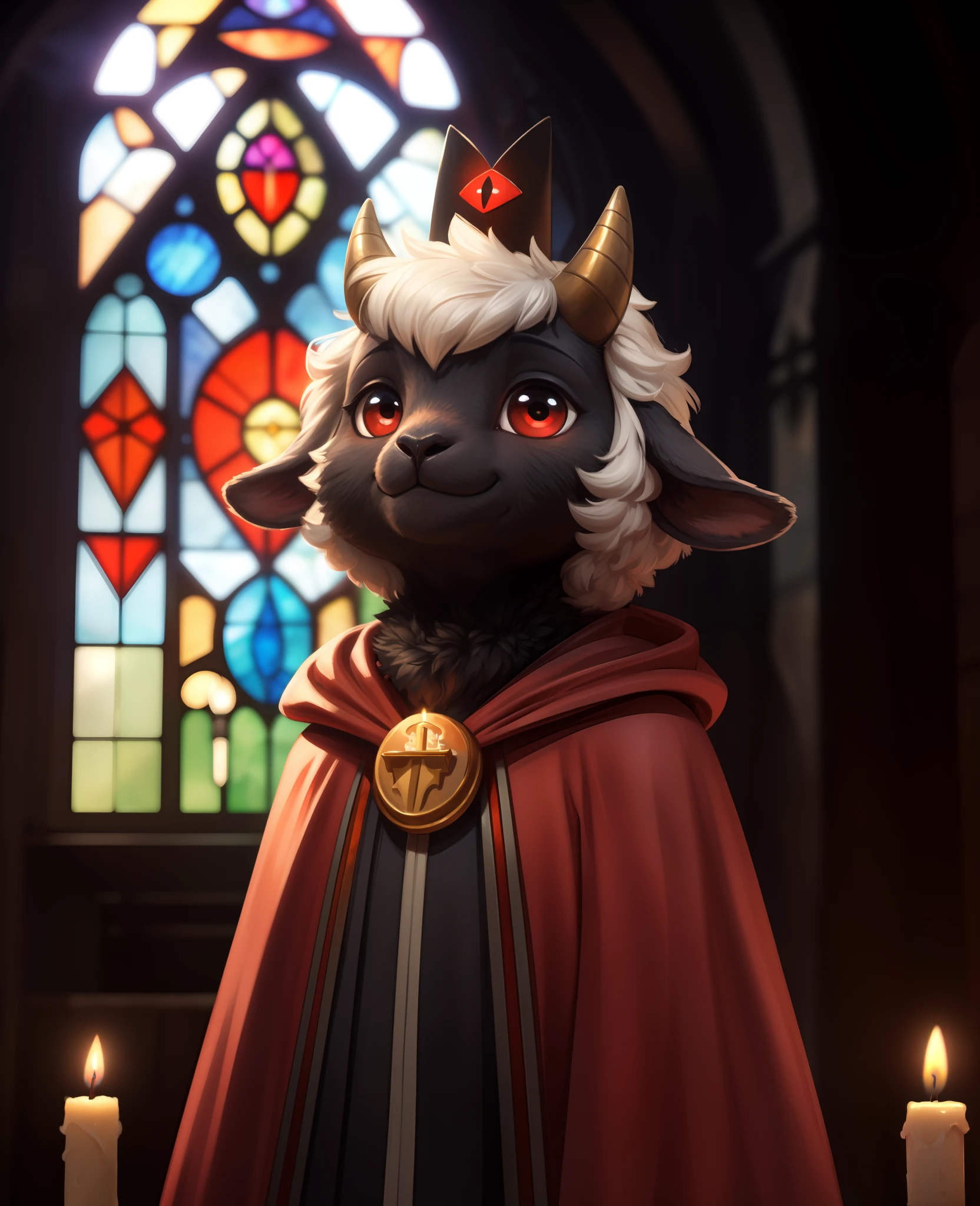 uploaded on e621, ((by Yurusa, by Childe Hassam, by Kenket, by Kyoto Animation)),
solo (chibi:1.15) ((sheep (lamb \(cult of the lamb\)), black body and white fur, white hair, horn, clear red sclera)),
(wear red crown, red cloak, grey black gown:1.25), (flat chested, smile), ((detailed fluffy fur)),
(half-length portrait, looking at viewer, three-quarter view:1.3),
BREAK,
(standing at church with stained glass:1.25), (outside, fog, mist, candle:1.2),
(detailed background, depth of field, half body shadow, sunlight, ambient light on the body),
(intricate:0.7), (high detail:1.2), (unreal engine:1.3), (soft focus:1.1),
[explicit content, questionable content], (masterpiece, best quality, 4k, 2k, shaded, absurd res)