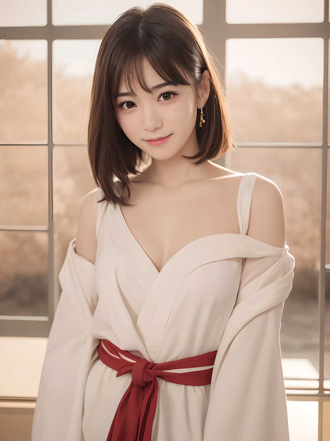 (Photorealsitic:1.4), A smile、Japanese Idol、poneyTail、Wearing a kimono、