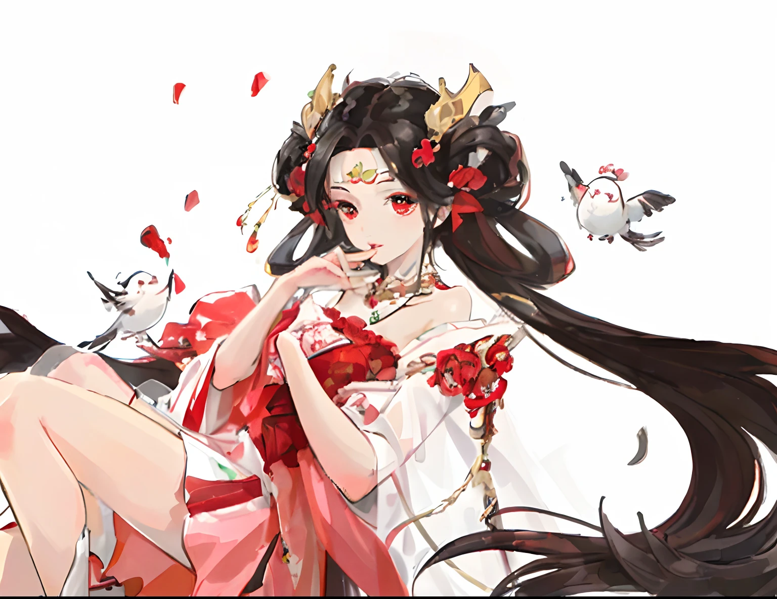 (Masterpiece, Best quality, A high resolution:1.4), the wallpaper, full bodyesbian, 1girll, Long hair, (Black hair:1.0), (Black hair:1.0), Red eyes, Gradient hair, Busty, Facing to the side, bathrobe , Host a party Popper, Night, hair pin, Antique hair accessories