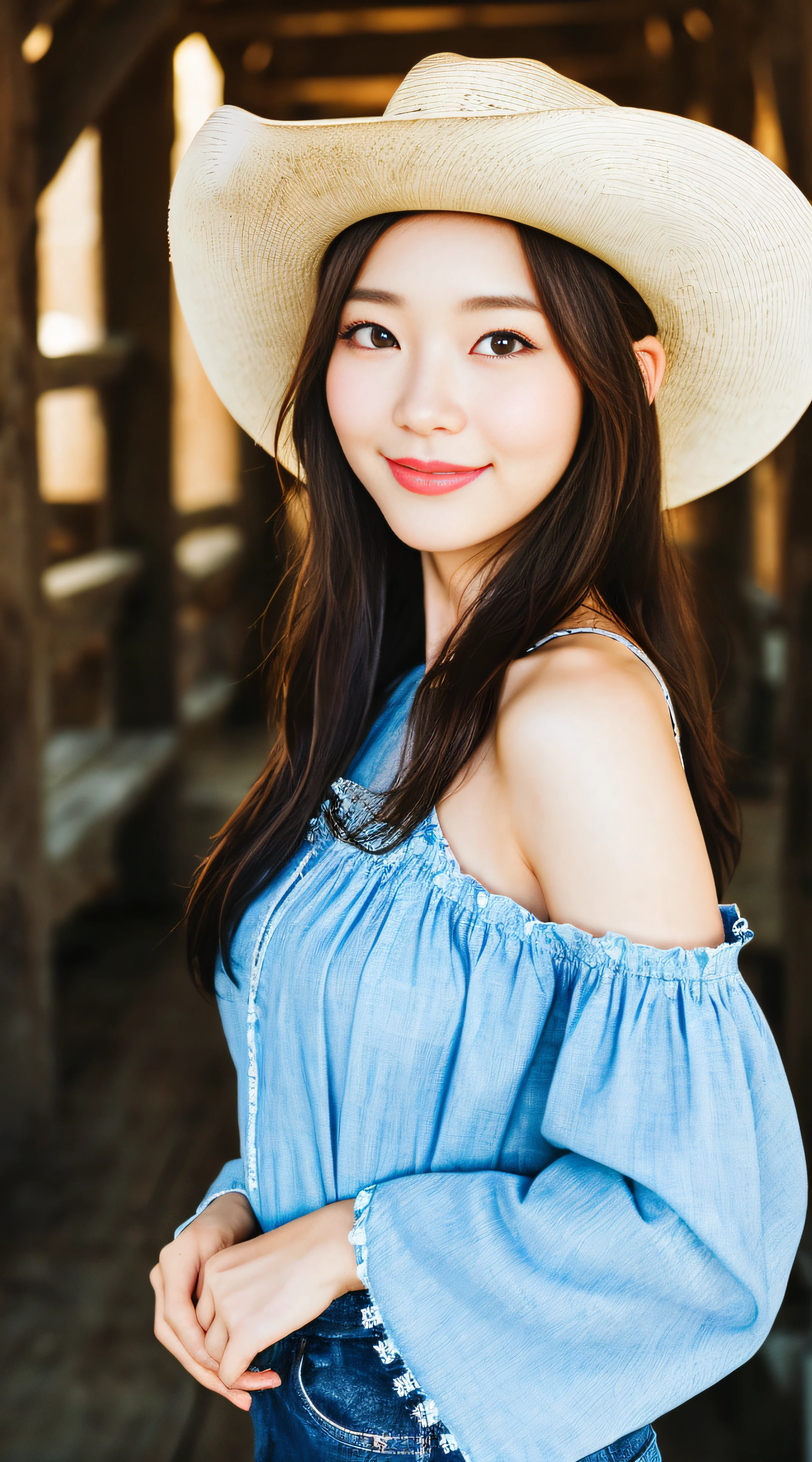 realistic photos of (1 cute Korean star) Shoulder-length hair, thin makeup, medium breasts size, slightly smile, cowboy hat, cowboy costume, in the barn, blurry foreground, Fujifilm, 85mm, f/2.8, chromatic aberration abuse, UHD, ccurate, best quality, 16k