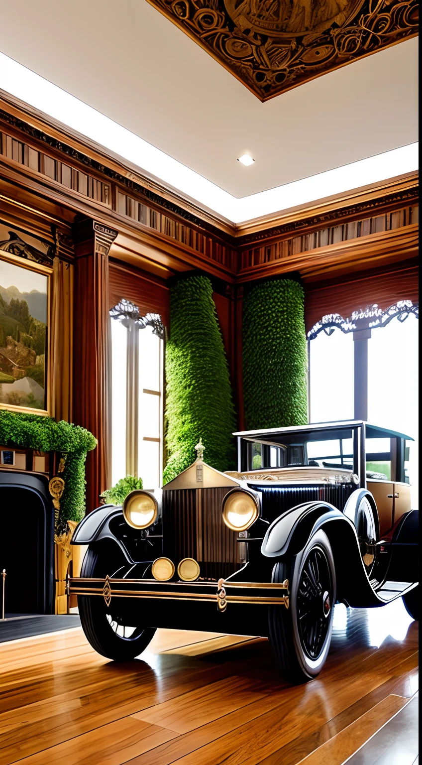An extravagant 1920s Rolls Royce showroom, with intricate carvings and intricate details, surrounded by the lush greenery of the English countryside.