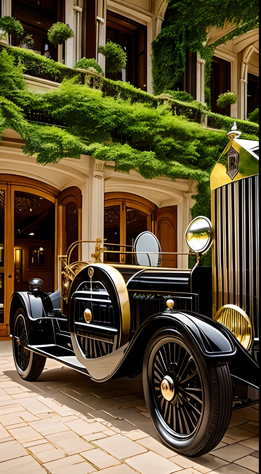 An extravagant 1920s Rolls Royce showroom, with intricate carvings and intricate details, surrounded by the lush greenery of the English countryside.