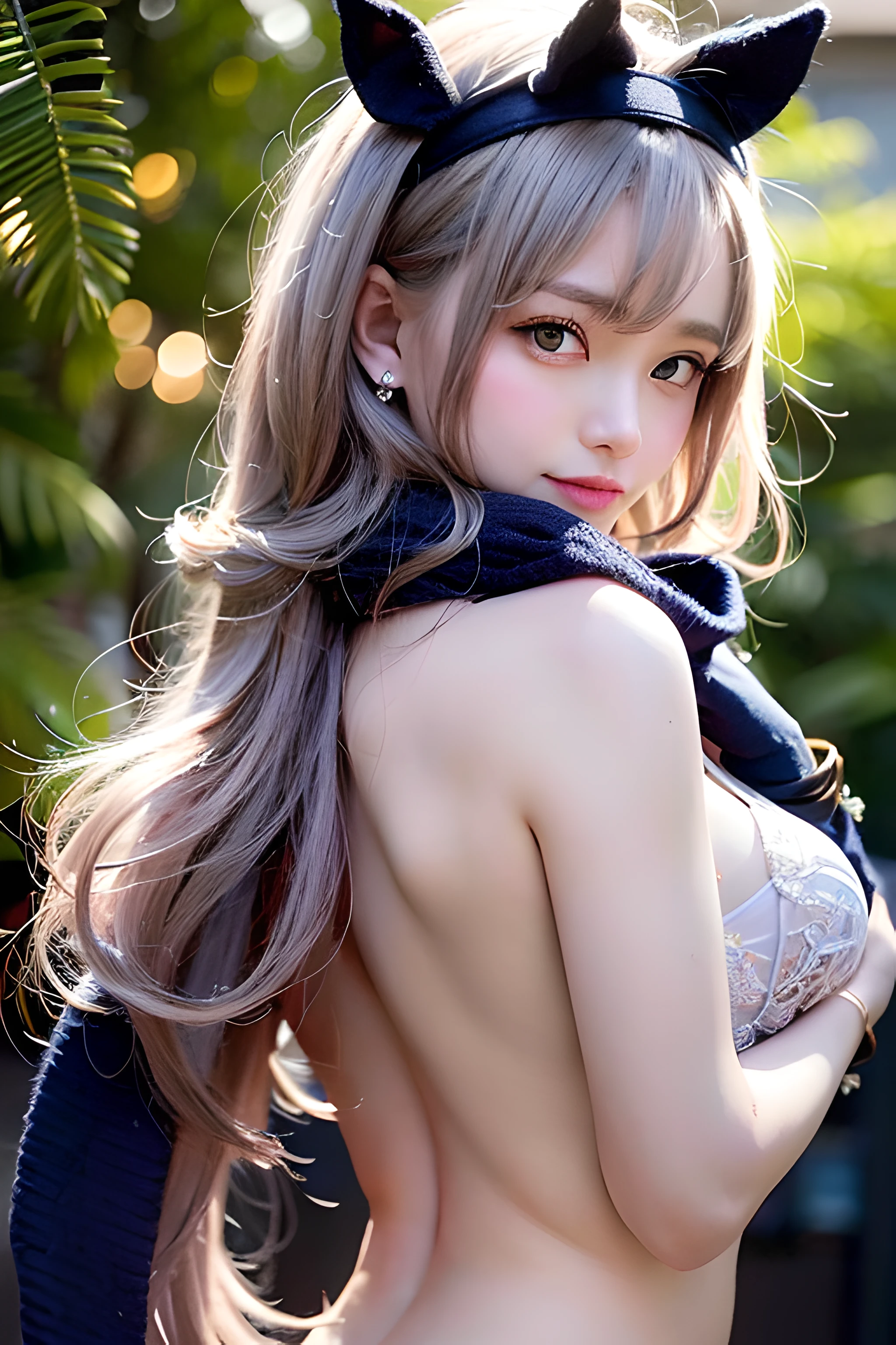 (Only slim shoulder straps, Ultra-low-cut top)( Very close view ) Face view , clothes see-through (((Outdoor paradise)))(Cover your chest with your hands ,Topless)，Head flower decoration, Petals flying in the air ，Pouting slightly，The back exposes bare buttocks，The kinky is exposed，Naked women，Butt up，Hands and feet apart，camel-toe,(Crystal colorful lights),(Turkish Moroccan colored mosaic chandelier)，Adult princess tiara，Soft clouds，((|Cover with a scarf))
（（Masterpiece））,（realisticlying：1.2）,best qualtiy,high high quality,absurderes,rich colourful,stunning art,best qualtiy, ultra - detailed,beautifuldetails， reflective hair,Good lighting, Ray traching， depth of fields,ultra - detailed,illustratio,astounding,finedetail,The is very detailed， （（ultra - detailed））， （Beautiful Meticulous Girl）， Beautiful detail glow， Complicated details， A high resolution， Extremely refined and beautiful,beatiful detailed eyes， hdr， Round eyes, detailedfacialfeatures,（Round pupils：1.4） （illustratio）,（美丽细致的眼睛）（Very very detailed face））， depth of fields,（alluring face）(（ssmile：1.3）)， Smiling lips， （looking at viewert：1.1） closeup cleavage， wide wide shot， Side Body， photore， lewd poses ， Moody light， Sistine Phil Beldev, Smile，（（（Masterpiece，Best quality，A high resolution）））），Extremely detailed 8K，Beautiful girl with busty body，（hyper HD，ultra - detailed，High detail，high realistic，Ultra-realistic，Photo realism）,（1girll：1.5）,（realistic dark hair），Short curly hair，Bob cuts hair，（Dynamic posture），Face the camera,A shallow smile,Open lips，Light blue eyes，Average chest，
（Beautiful and detailed face，Beautiful and delicate eyes），sweat leggs,luminous,（Sunlight，Sunlight）,（Beautiful buttocks 0.5），Color backlight

split, Cover your chest with only your hands，hips bare，earring，Pink sexy yarn,（(Striped underwear、Black openwork underwear、Transparent embroidered tulle underwear set,Gold bracelets，Pink lace gloves)）Lace pantyhose、Lace gloves、Wedding headscarf、pearls necklace,（toppless）(Very small panties)[Place your hands behind your head ]Only the genitals are covered,Moles under eyes, ((Gray-blue hair，Headbands，Headband))，Crystal glowing necklace