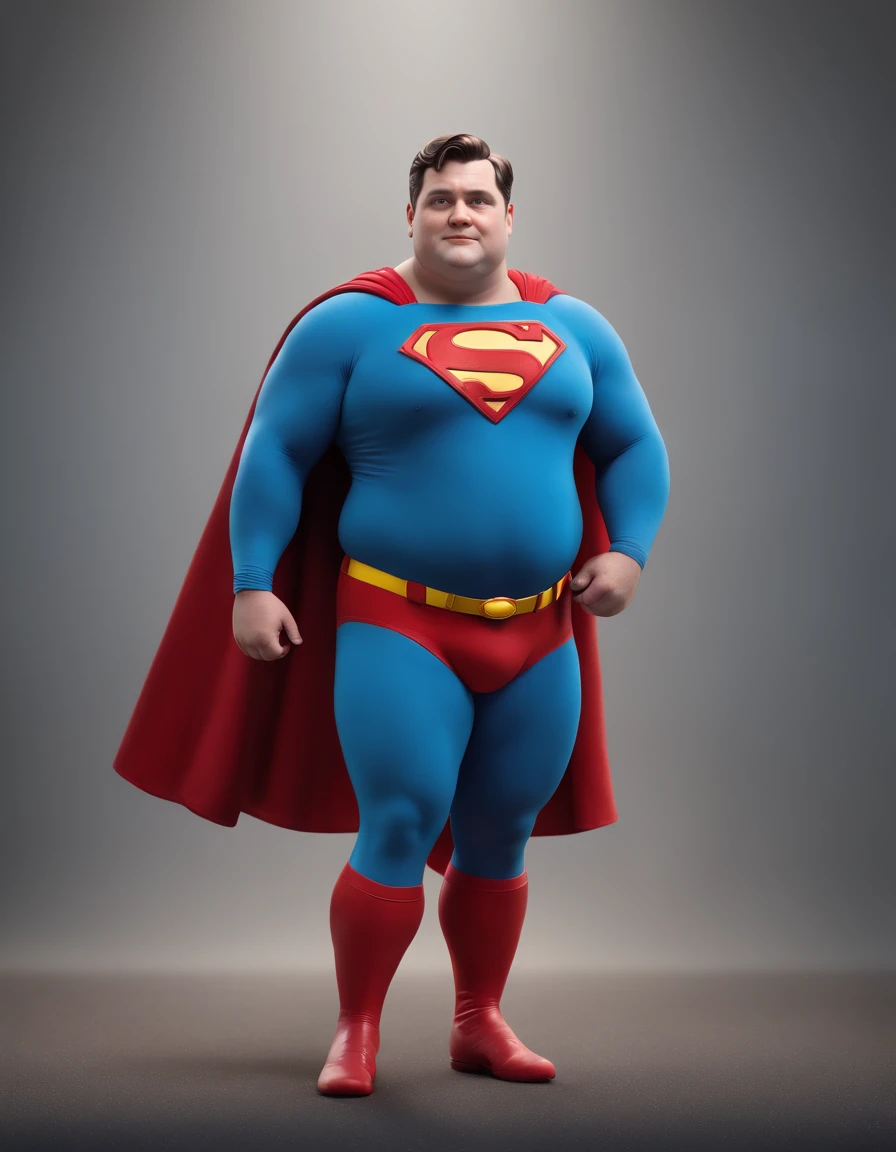 (Professional 3D rendering:1.3) de (Realistic:1.3) Foto of fat obesity superman, full body