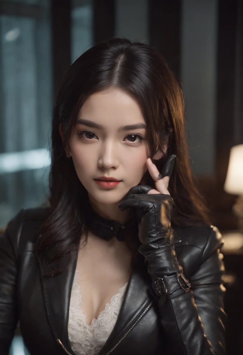 Upper body covered with black leather gloves up to the fingertips in both hands, black leather double riders jacket, slender necklace, young and cute Japanese girl with beautiful black hair, sitting on a black leather chair facing the desk in the president's room at night, sitting on a cheek stick