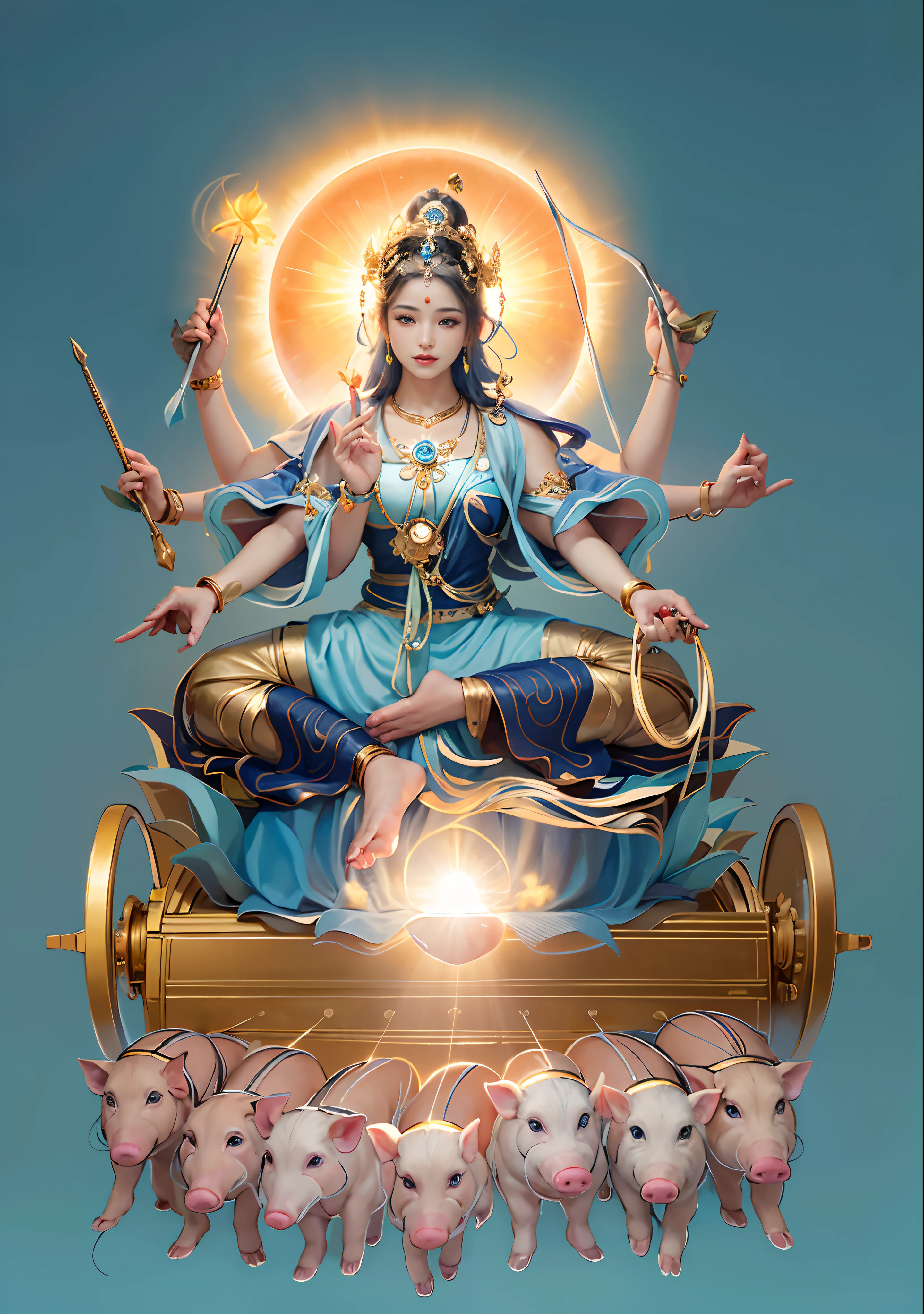 Beautiful woman sitting in a golden car, Lotus Throne，The woman wears a light blue dress，Light blue pants，(((Head background with round light)))，(((Behind it is the sun)))，(((Women emit blue light)))，Women have three heads，In total, The arm has eight mudras，Take all kinds of metal weapons，Barefoot on both feet，There are seven piglets pulling carts in front，goddess of love and peace, indian goddess of wealth, Heavenly Bodhisattva, goddess art, goddess of wisdom, an ancient Chinese goddess，photorealestic，professional photoshooting，Realiy，超高分辨率，tmasterpiece，