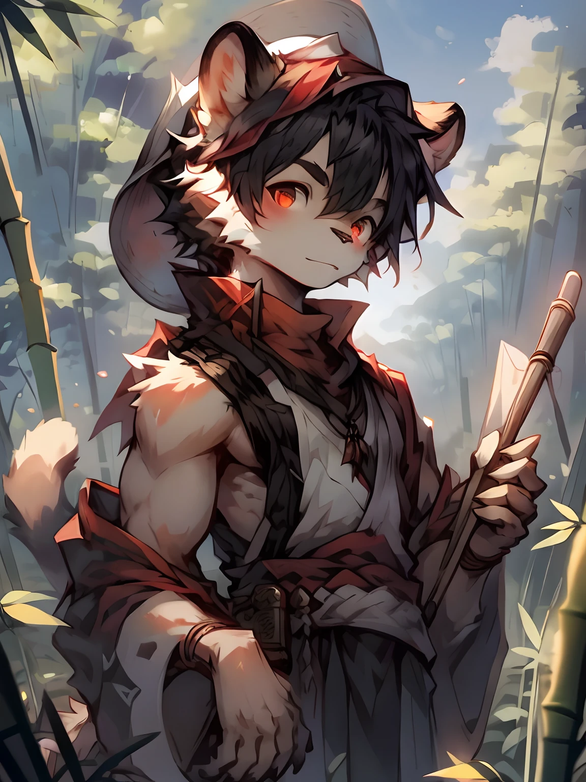 High saturation, Masterpiece, Best quality, Extremely detailed, Depth of field, komono, Male, anthro, Solo, (brown:1.2) furry wolf, Muscular, Red cloth around the waist, Half-length portrait, Bamboo forest, (Bamboo) Rain cap, (spiky:1.3) Hat, (Conical:1.2) Hat, Ancient Asian sleeveless clothing, (Loose:1.2) clothes, Black and red sleeveless clothing, Daylight, posing on a，(author：Puinki,By Artists:1.2),(author：Unreal Land,author：Sumi Kuroi,author：Milk Tiger 1145,author：Morkey,author：Emolga 1