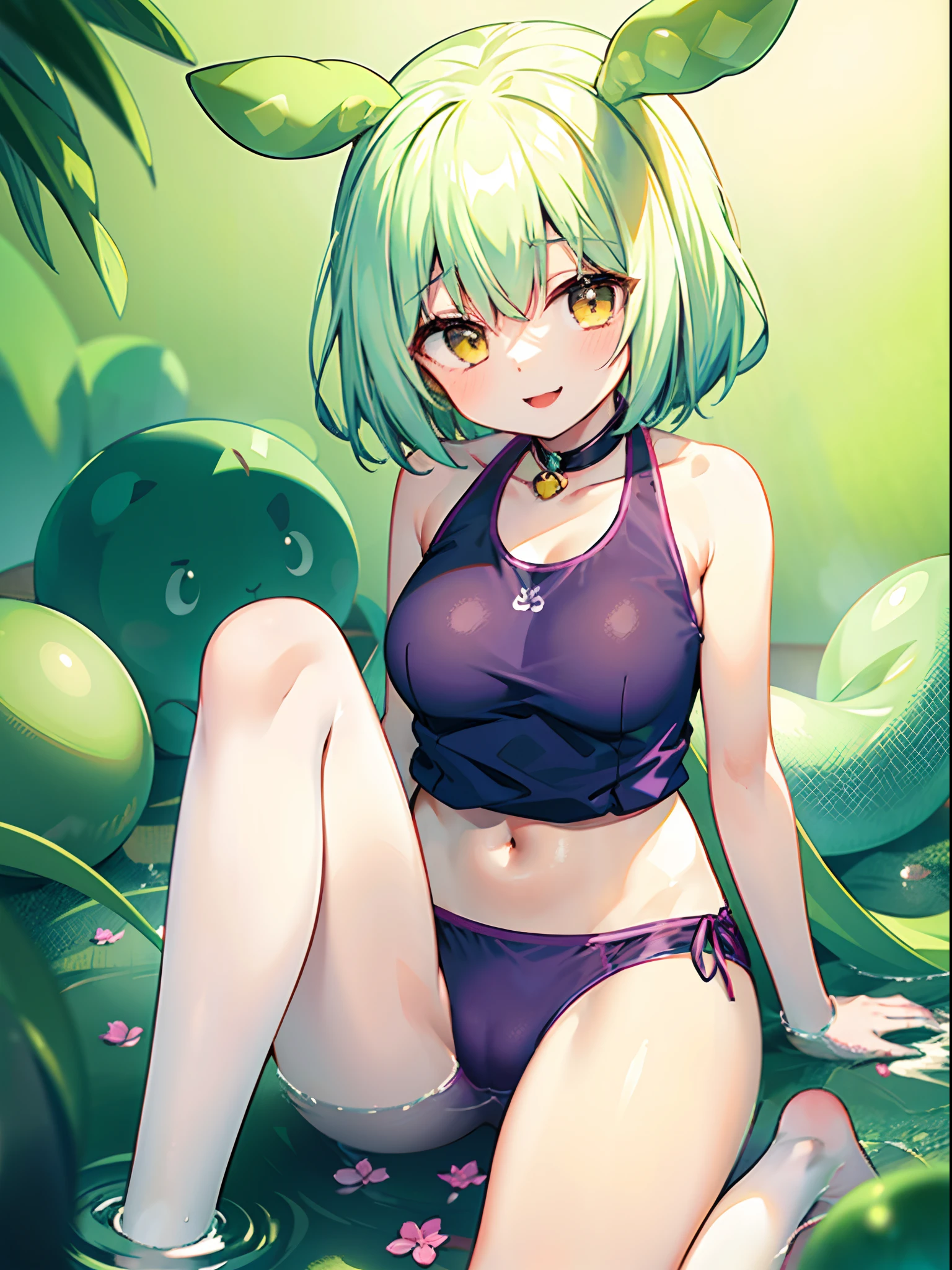 masterpiece, best quality, ultra-detailed, a beauty girl,Yellow-green hair,bobhair、short-hair、Gentle drooping eyes,large full 、校服,Manga style,fulcolor,hi-school girl,Calm and gentle face,Big smile、innocent smiles, School swim wear,bikini
