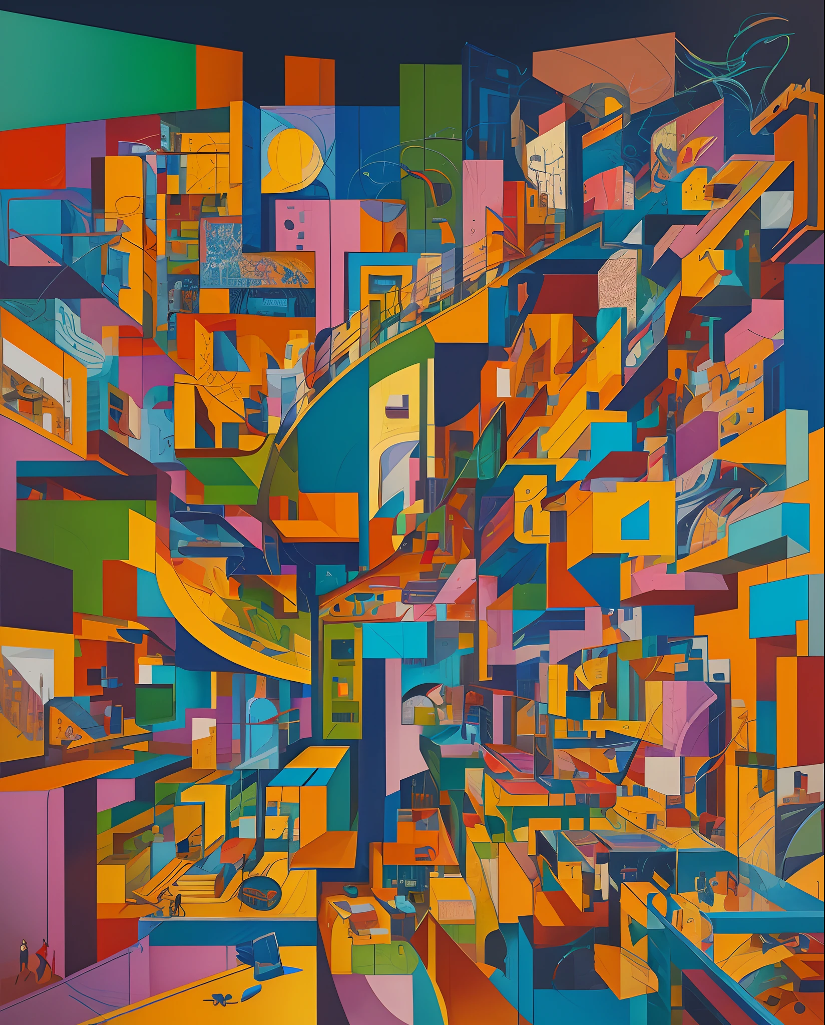 Pictorial representation of the relationship between humanity, technology and nature, illustration, abstract art, composition, cubism --auto --s2