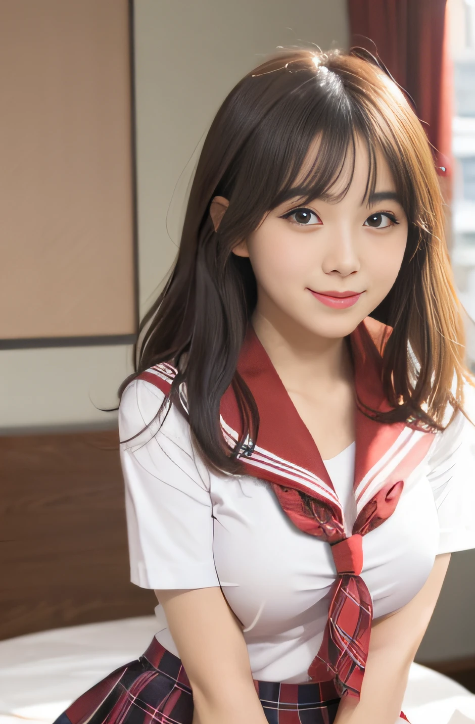 1girl, japanese gravure model, cute beautiful girl, medium breasts, firm breasts, clean face skin, smile shyly,
BREAK
(sexy feeling:1.2), (erotic feeling:1.2),
(hot-pillow hotel's room:1.2), (Immediately after sexual intercourse:1.3), (japanese high school uniform with sailor collar:1.2), sailor uniform, red scarf, (pleated check skirt:1.3),
(dynamic angle, dynamic pose:1.3),
BREAK
masterpiece, best quality, highres, detailed skin, detailed, detailed face and eyes, hi-res, natural lighting, perfect anatomy, physically-based rendering, photorealistic, symmetric clear eyes, well-groomed face,