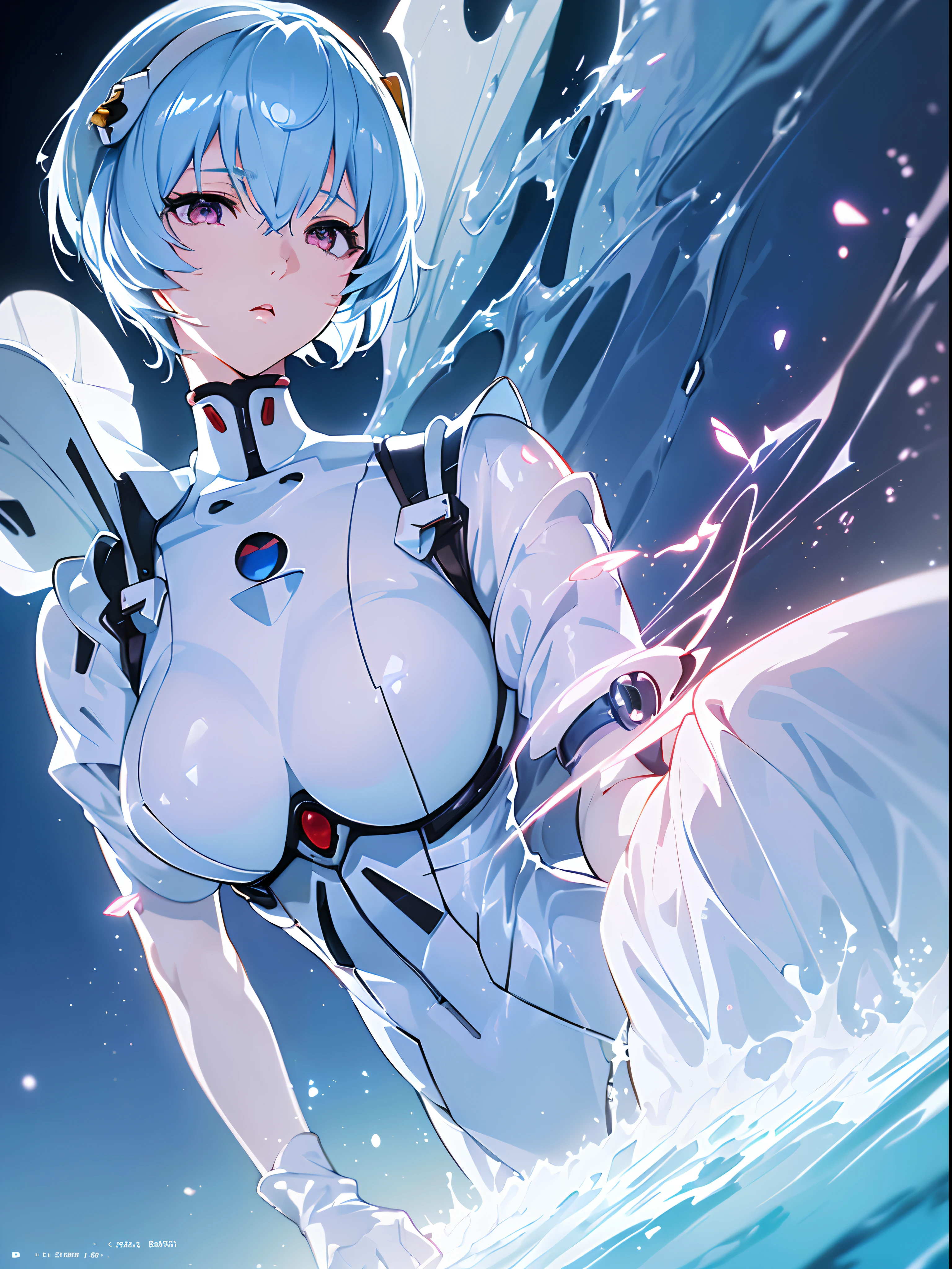 (((ayanami rei))),1girl,solo,(masterpiece,best quality, official art, beautiful and aesthetic:1.2),(ultra high res, (4k),beach,good lighting, (photon mapping, radiosity, physically-based rendering,automatic white balance), technological sense,Amazing,sharp focus,rich background, (((high detailed skin,)))dynamic lighting,intricate detailed outfit,kawaii,watery eyes,((short hair,))deadpan, skiny,  turtle neck, body suit, mechs,(masterpiece sidelighting),(bishoujo,lustrous),(sky blue hair,pink eyes,）[[delicate fingers and hands:0.55]::0.85],(detail fingers),(fisheye shot),incredibly absurdres. micro shot,focus on face